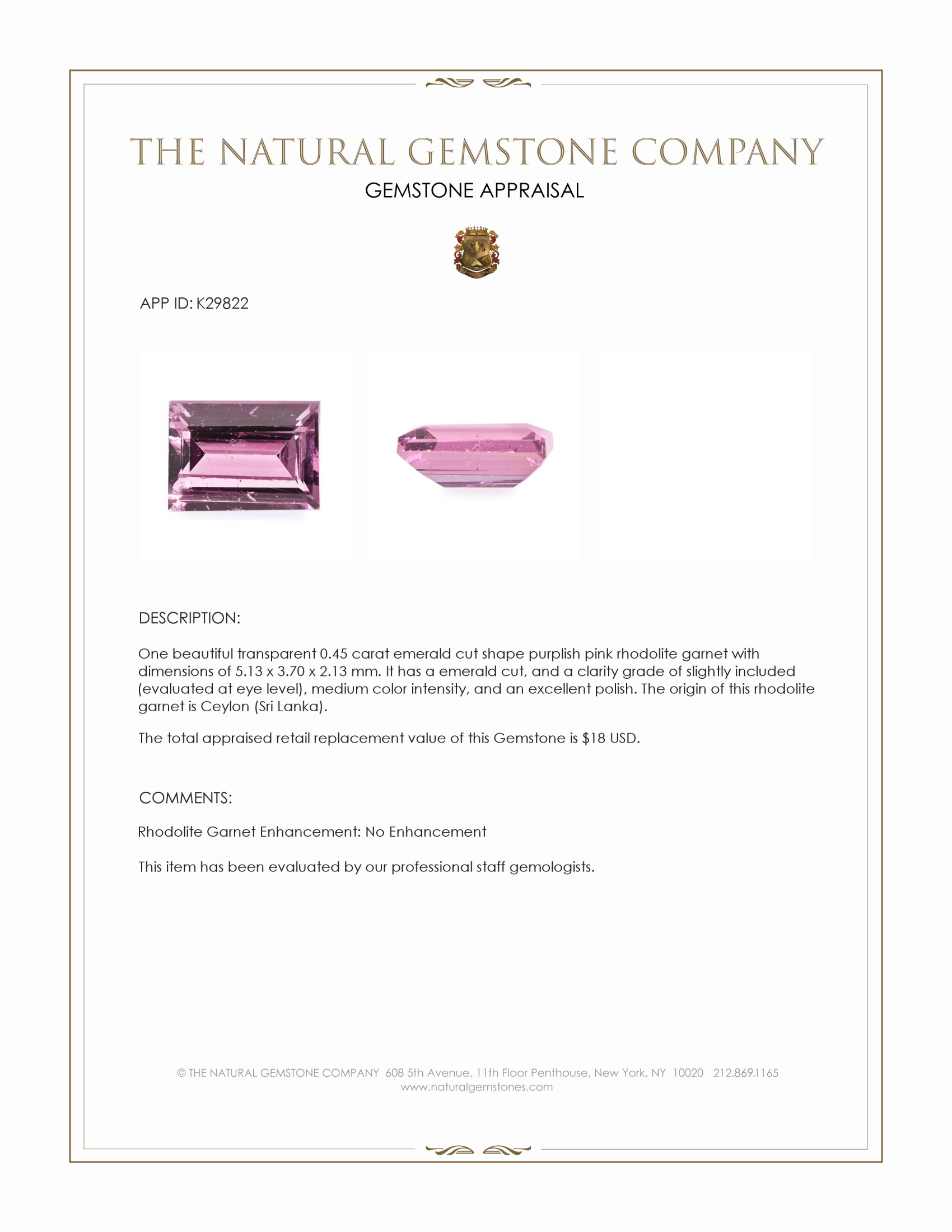 0.45 Ct. Purplish Pink Rhodolite Garnet from Ceylon (Sri Lanka)