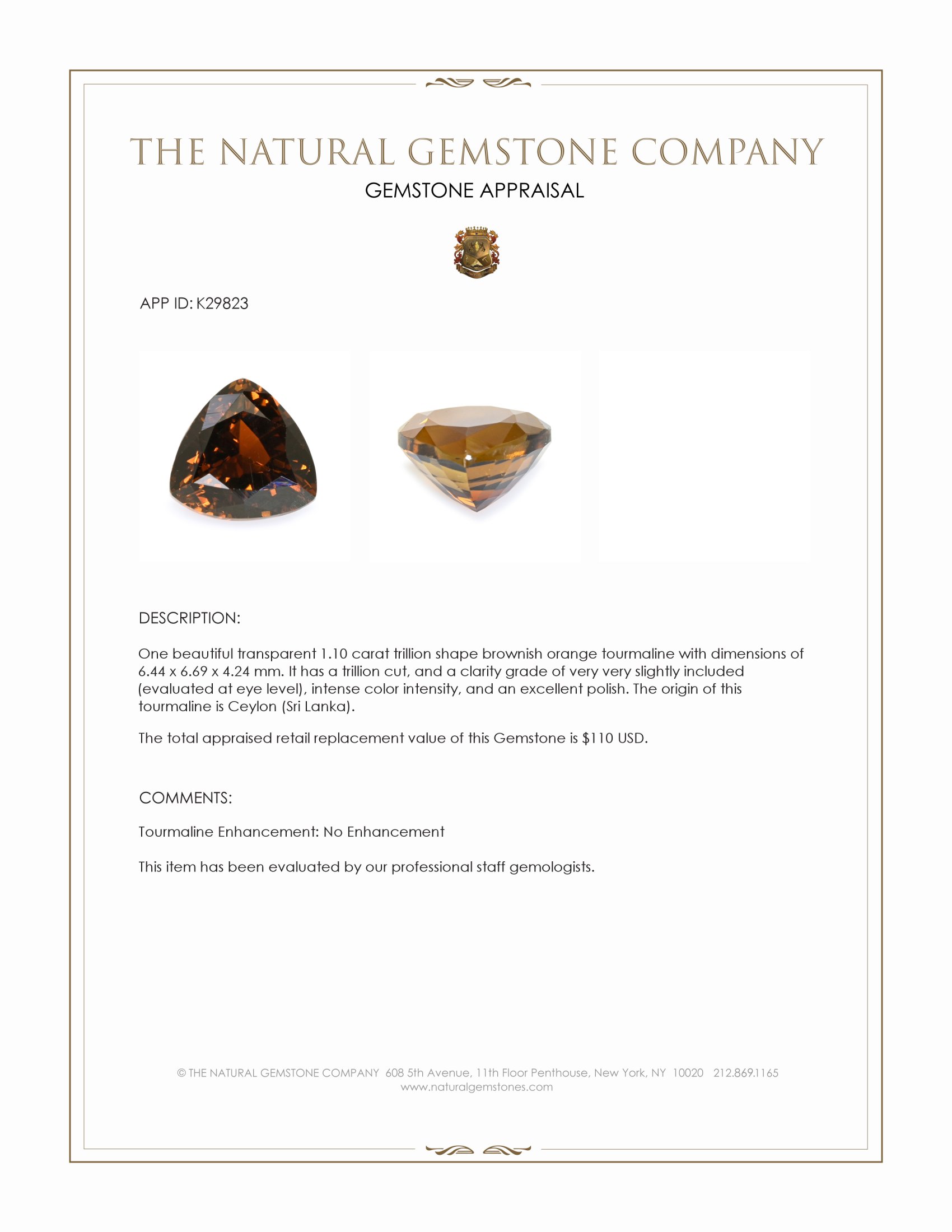 1.10 Ct. Brownish Orange Tourmaline from Ceylon (Sri Lanka)