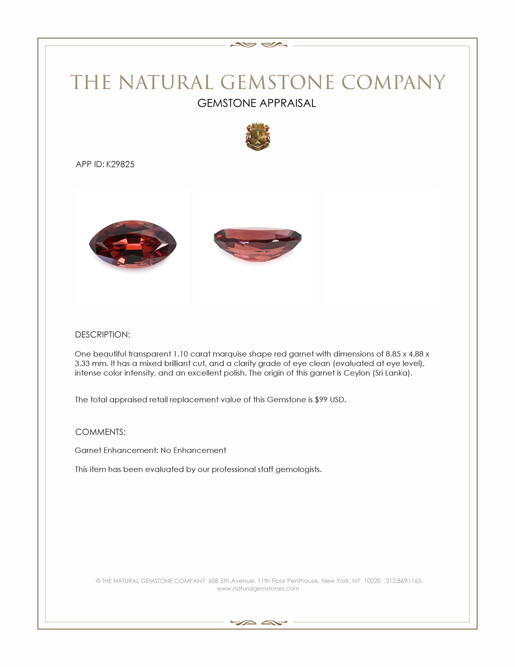 1.10 Ct. Red Garnet from Ceylon (Sri Lanka)