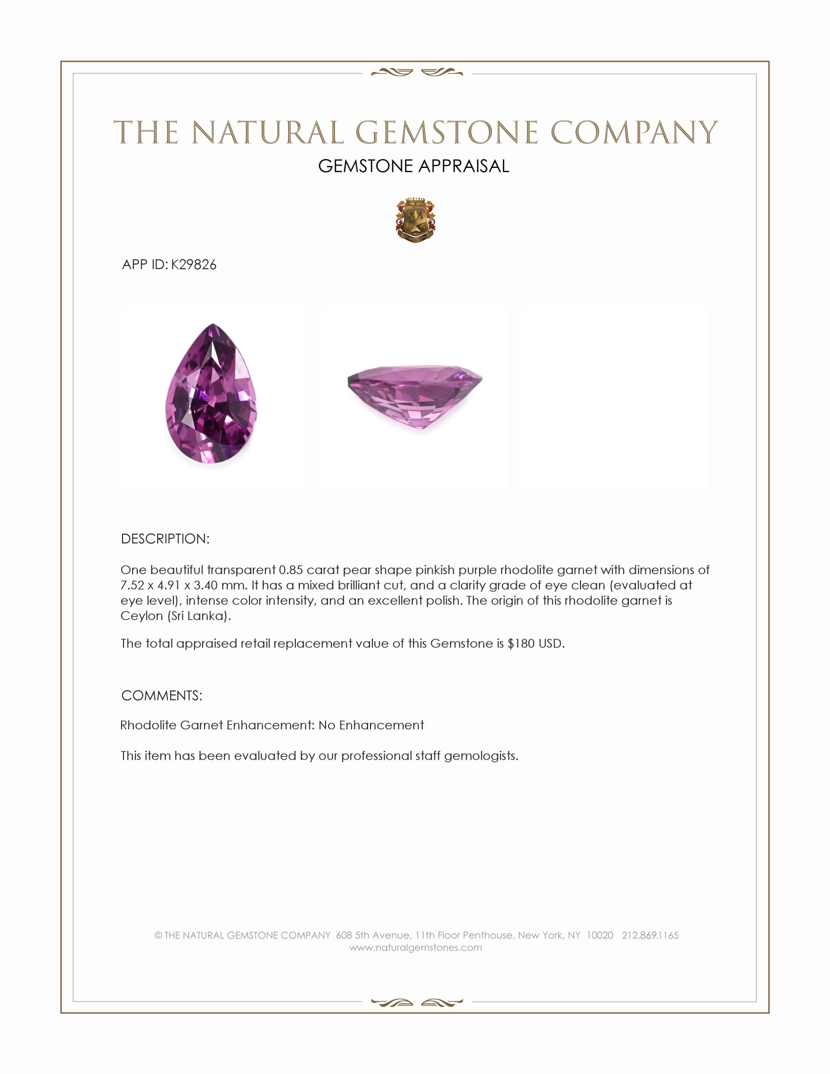 0.85 Ct. Pinkish Purple Rhodolite Garnet from Ceylon (Sri Lanka)