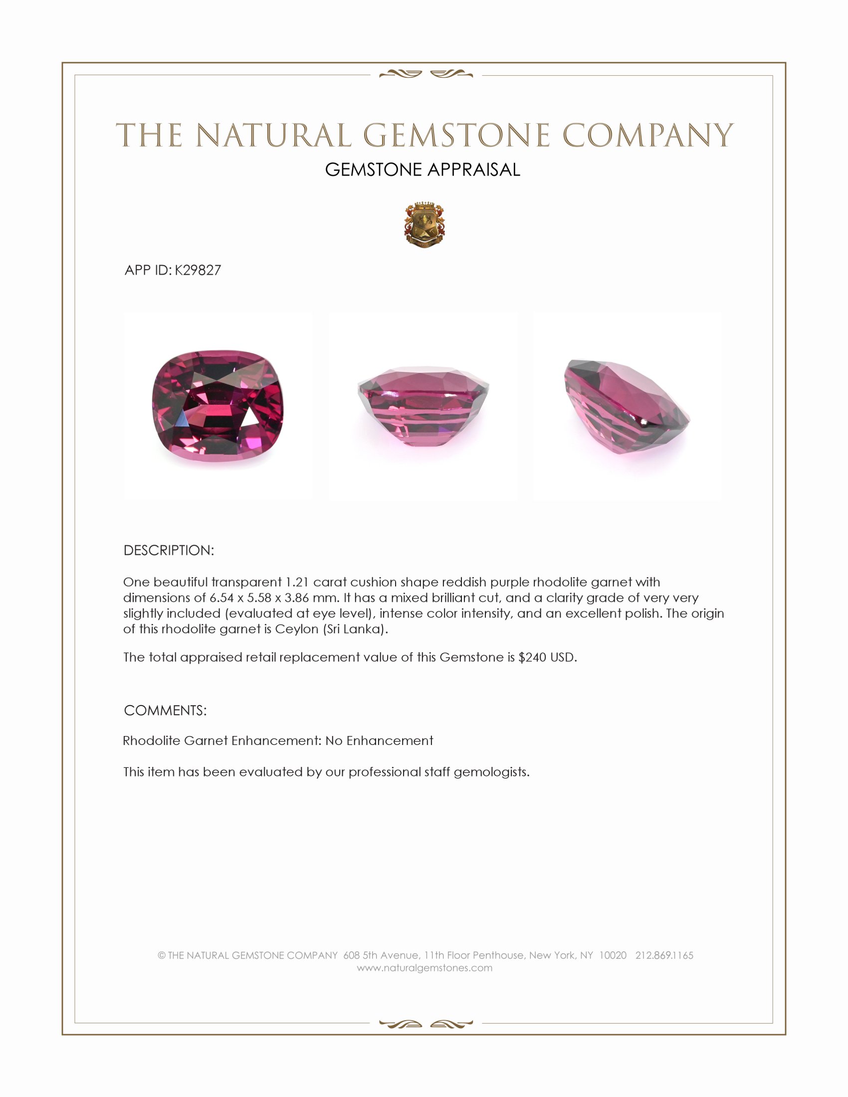 1.21 Ct. Reddish Purple Rhodolite Garnet from Ceylon (Sri Lanka)