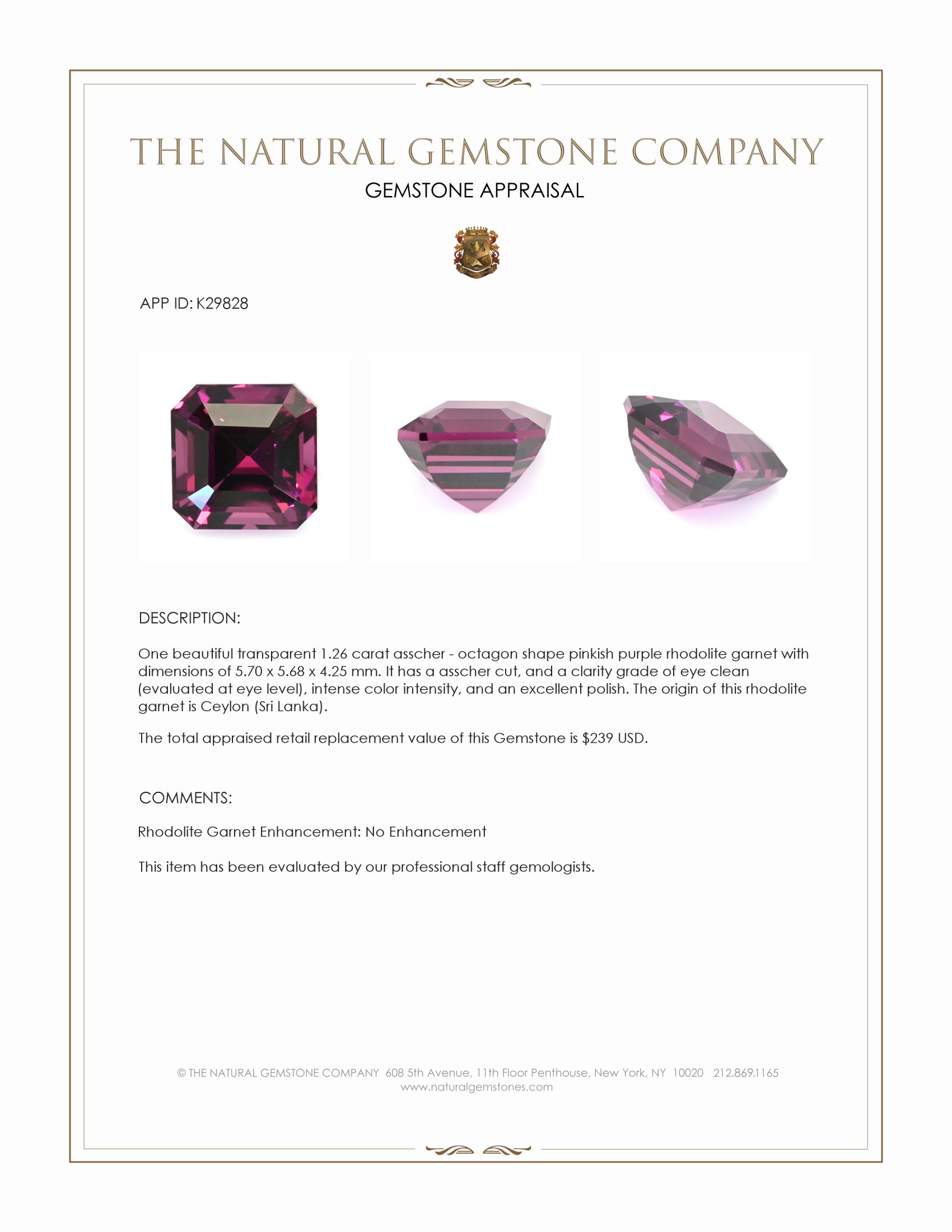 1.26 Ct. Pinkish Purple Rhodolite Garnet from Ceylon (Sri Lanka)