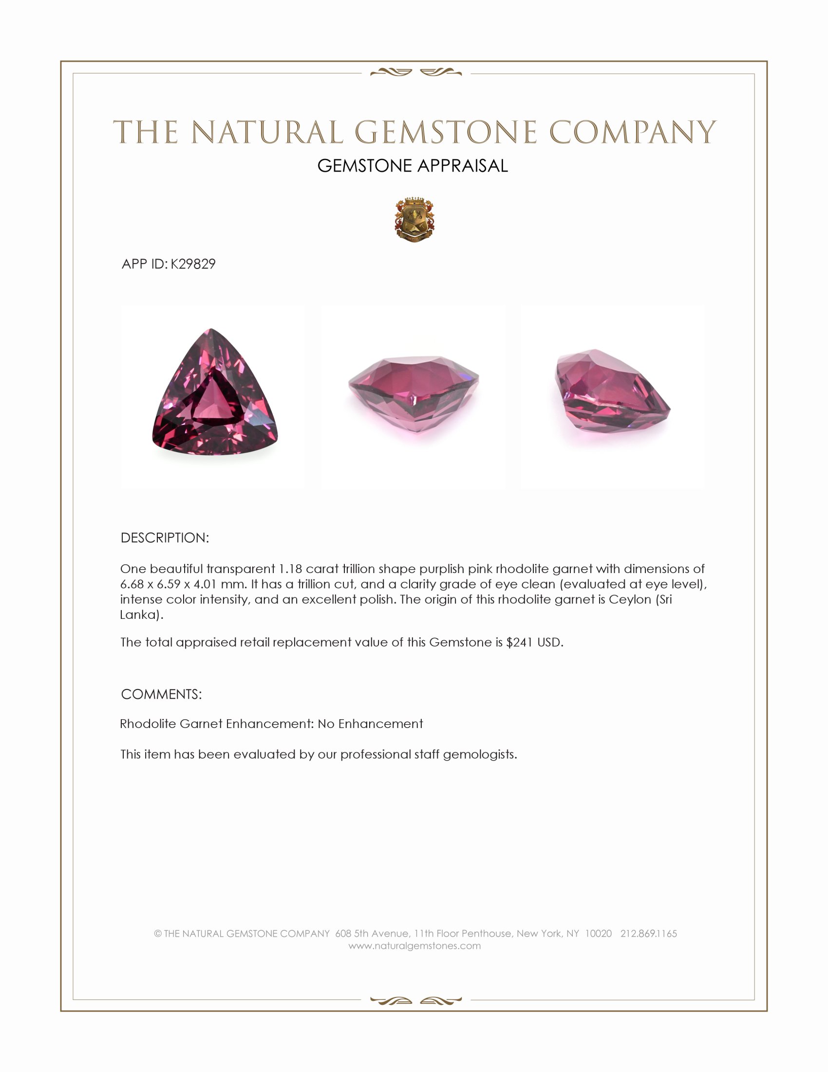 1.18 Ct. Purplish Pink Rhodolite Garnet from Ceylon (Sri Lanka)