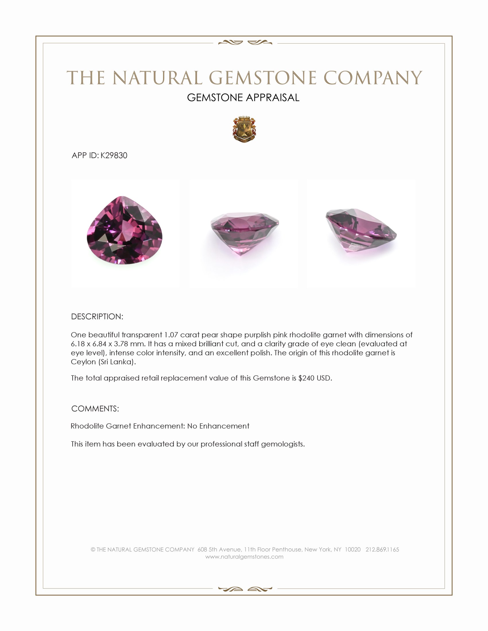 1.07 Ct. Purplish Pink Rhodolite Garnet from Ceylon (Sri Lanka)