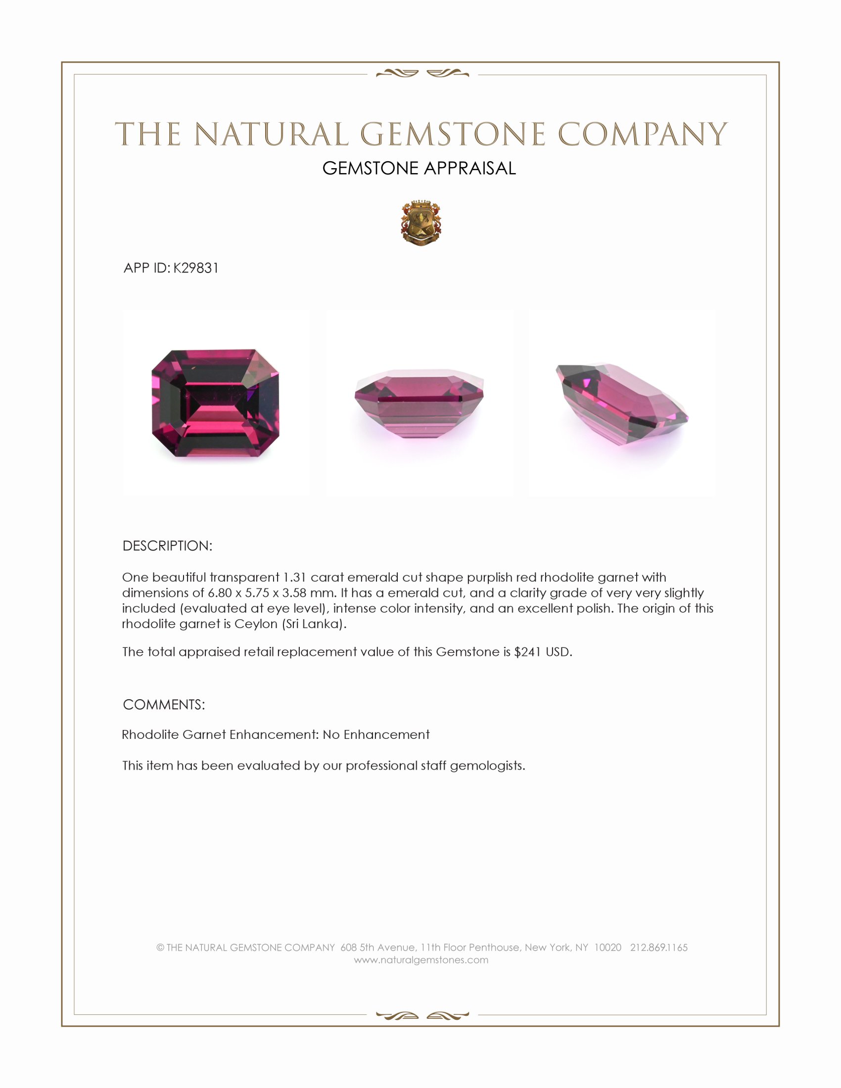 1.31 Ct. Purplish Red Rhodolite Garnet from Ceylon (Sri Lanka)