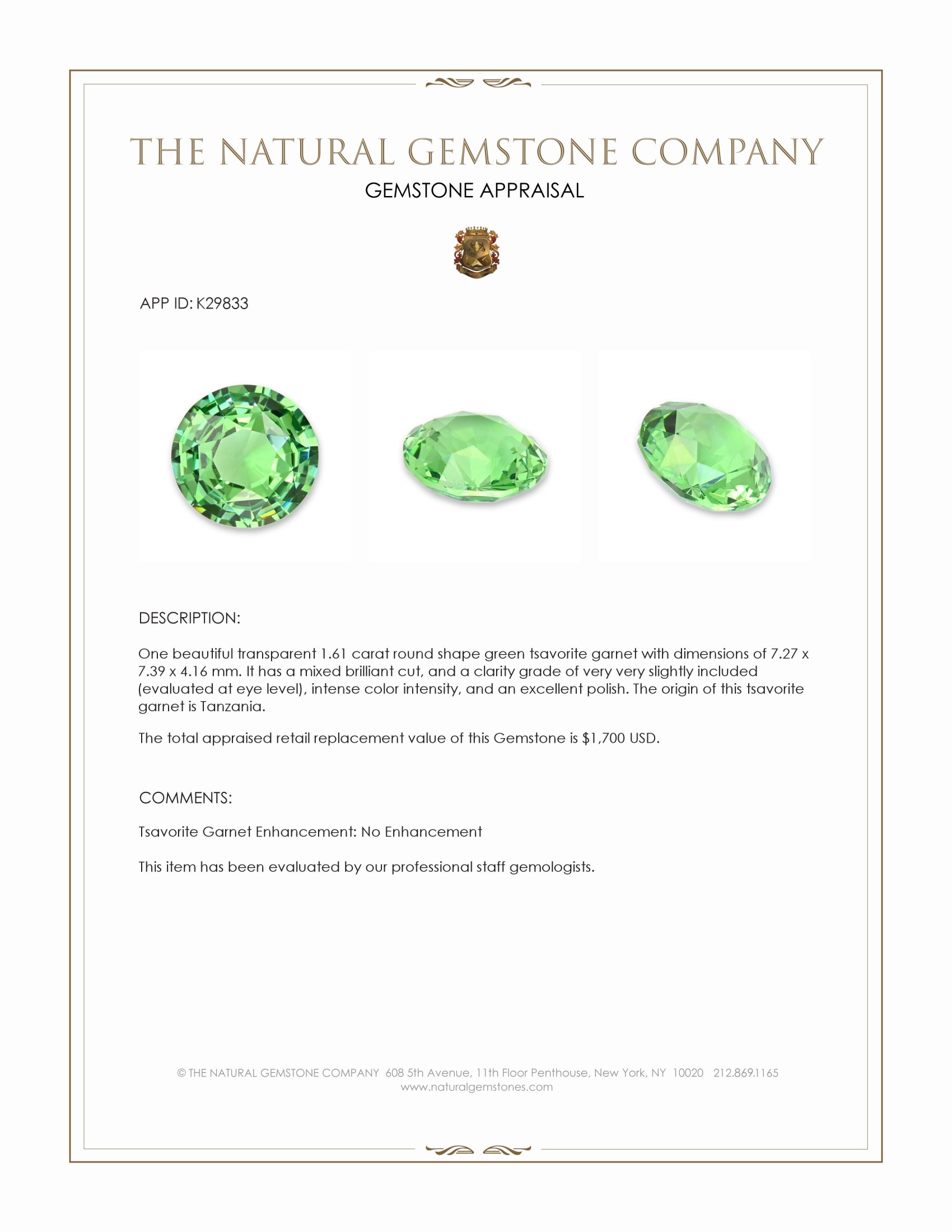 1.61 Ct. Tsavorite Garnet from Tanzania