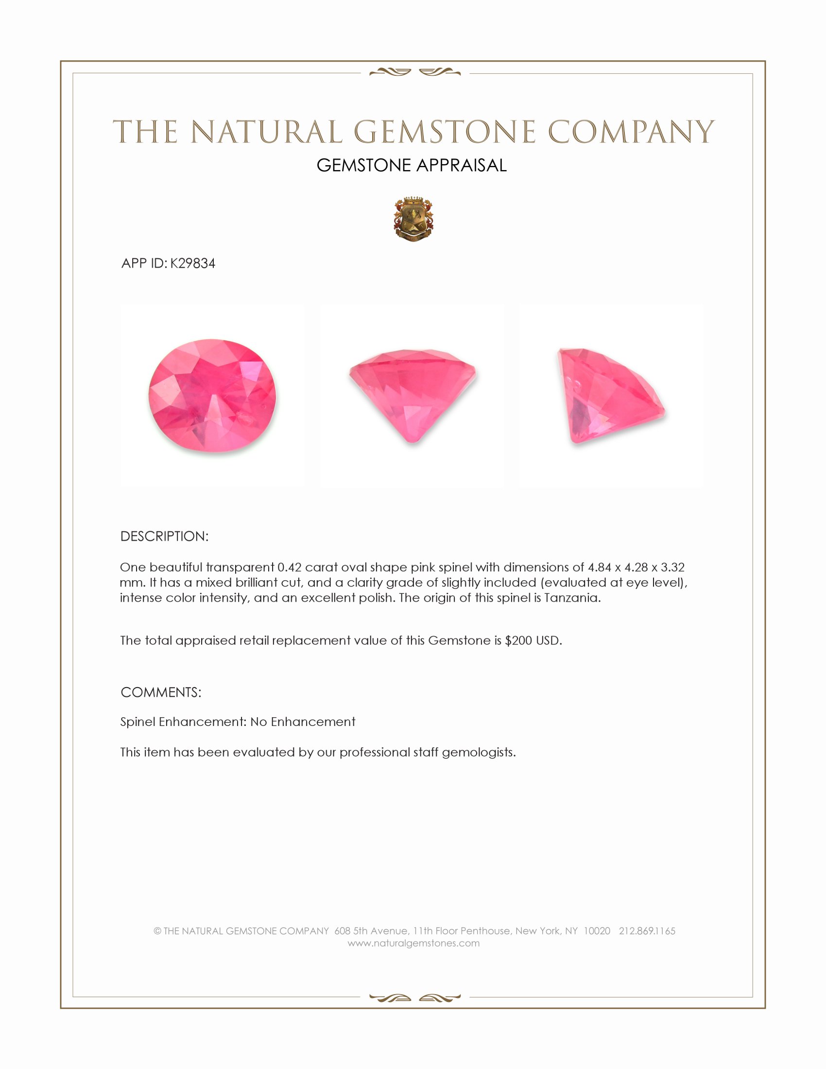 0.42 Ct. Pink Spinel from Tanzania