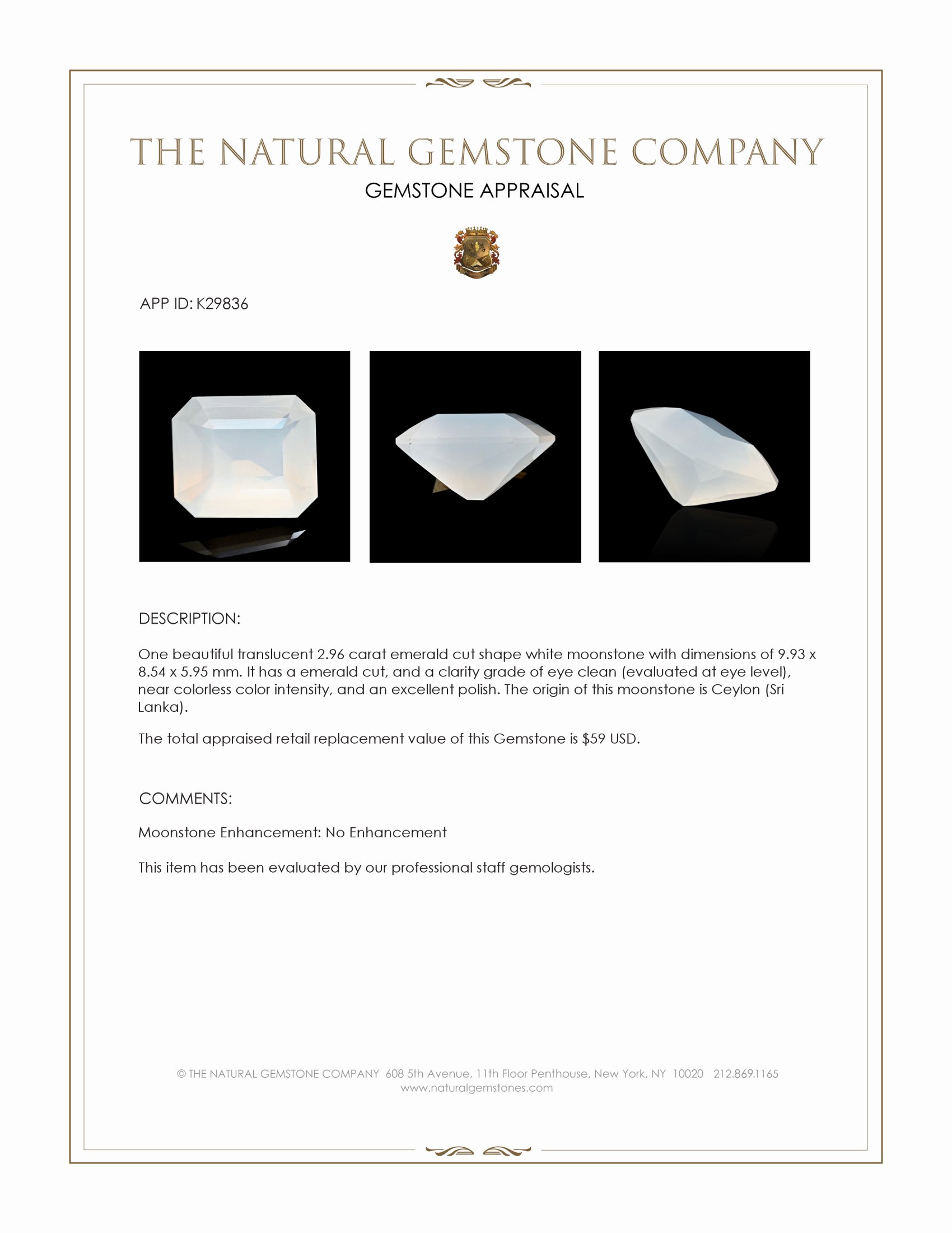 2.96 Ct. White Moonstone from Ceylon (Sri Lanka)