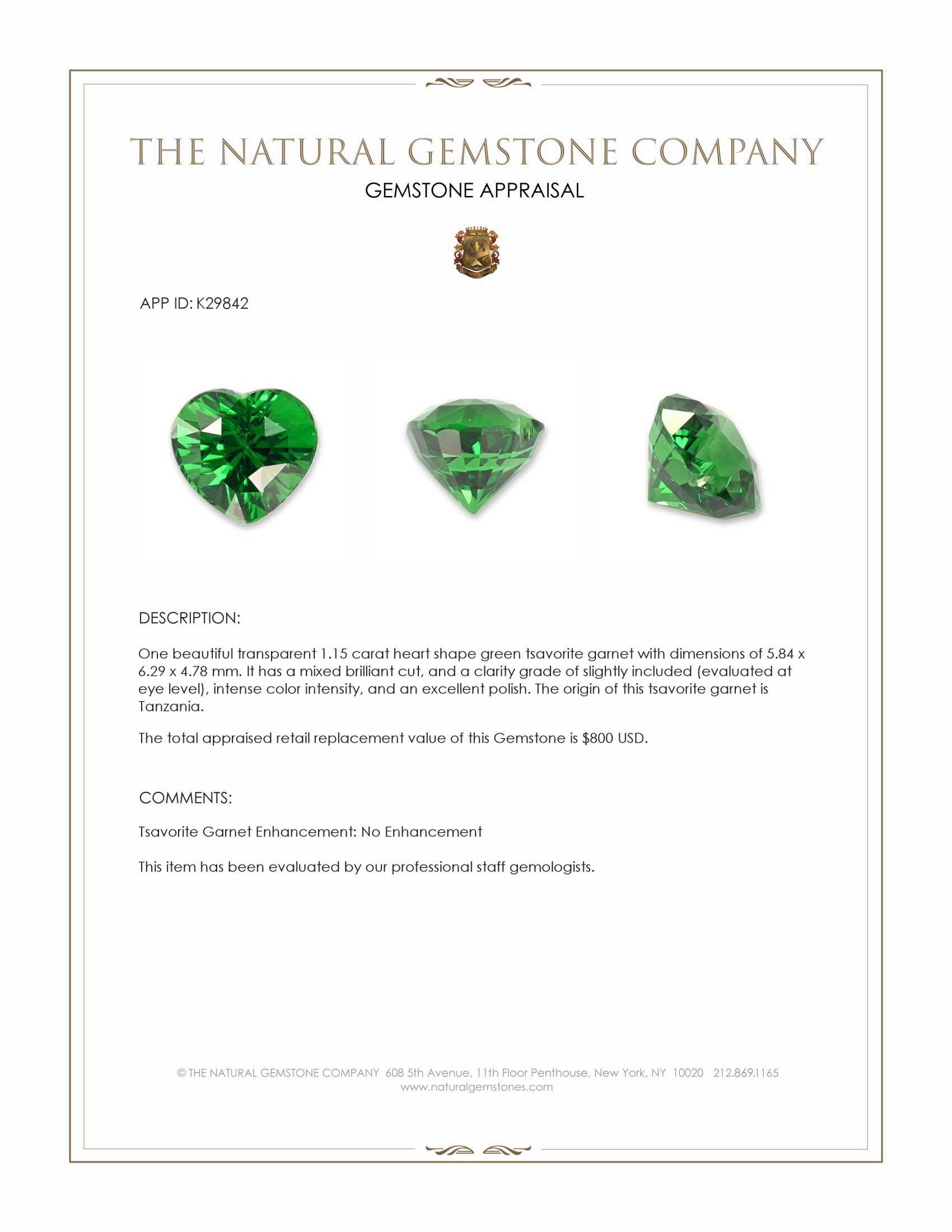 1.15 Ct. Tsavorite Garnet from Tanzania