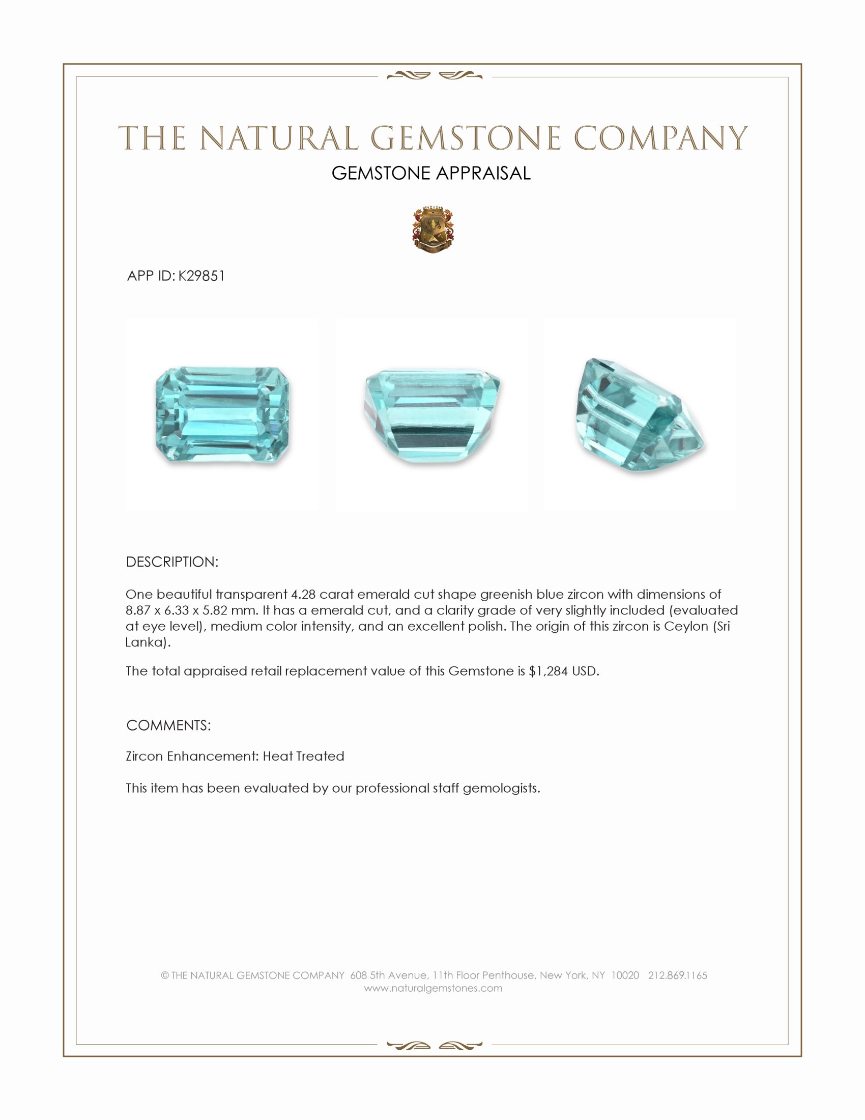 4.28 Ct. Greenish Blue Zircon from Ceylon (Sri Lanka)