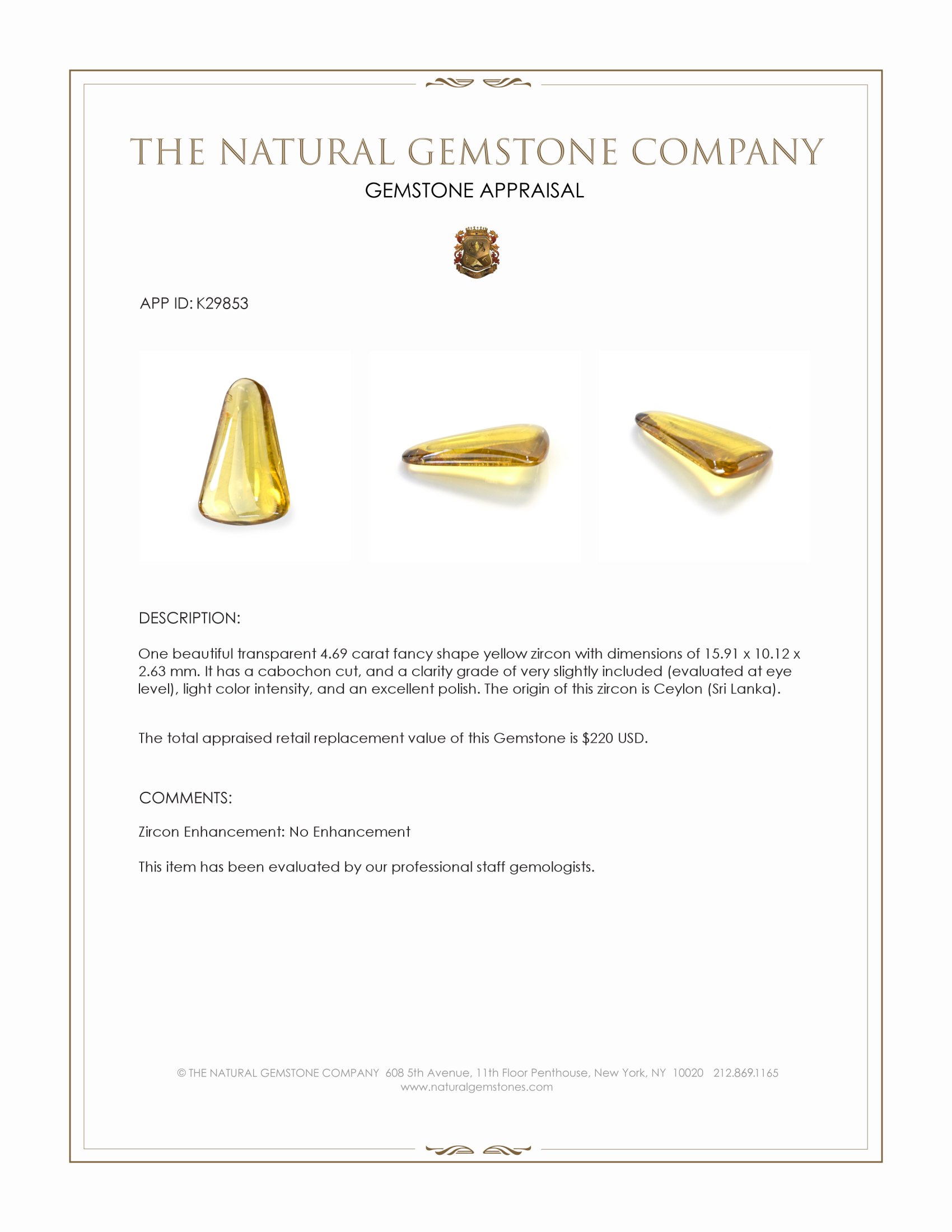 4.69 Ct. Yellow Cabochon Zircon from Ceylon (Sri Lanka)