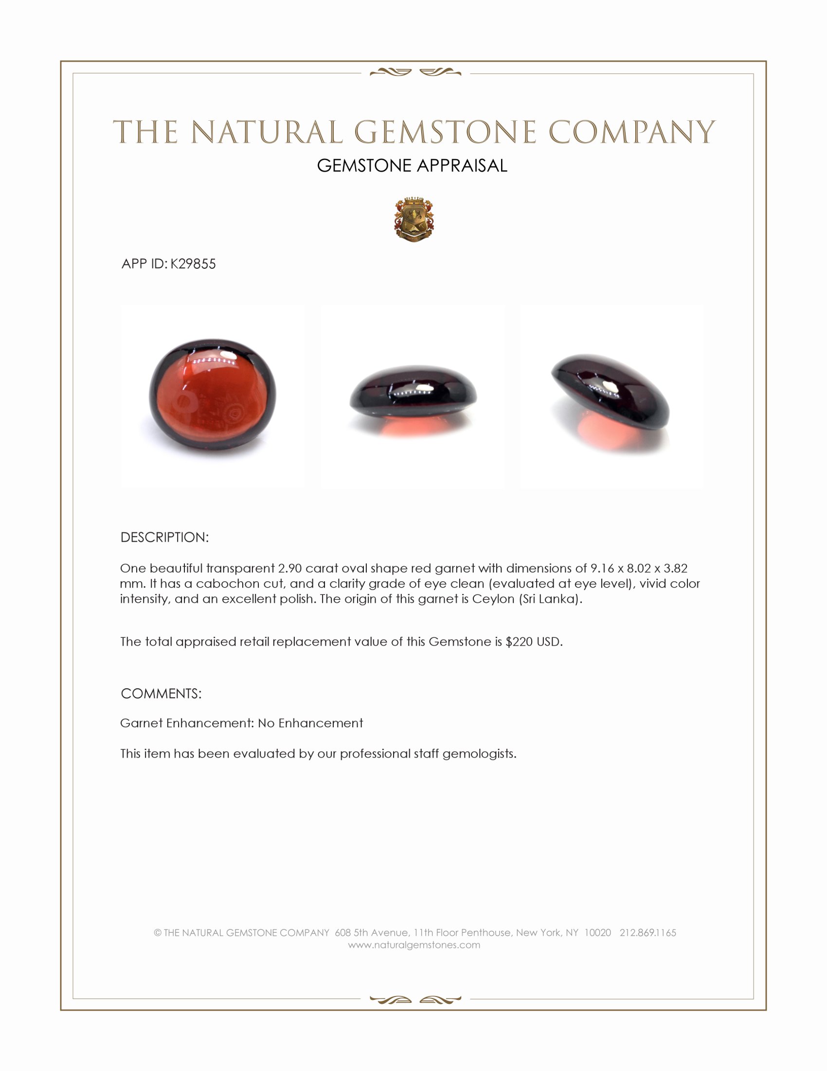 2.90 Ct. Red Cabochon Garnet from Ceylon (Sri Lanka)