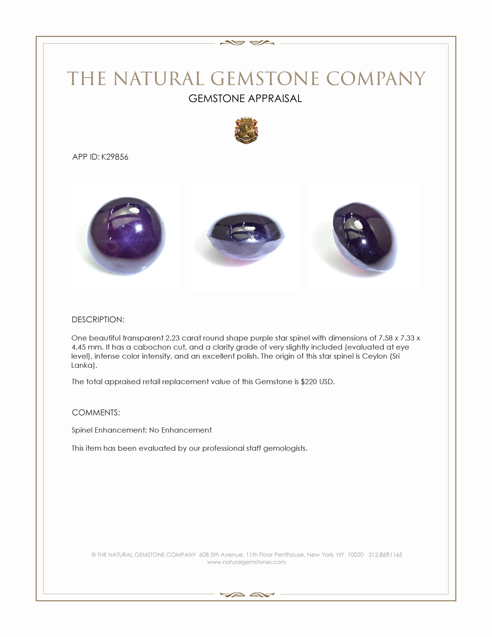 2.23 Ct. Purple Cabochon Star Spinel from Ceylon (Sri Lanka)