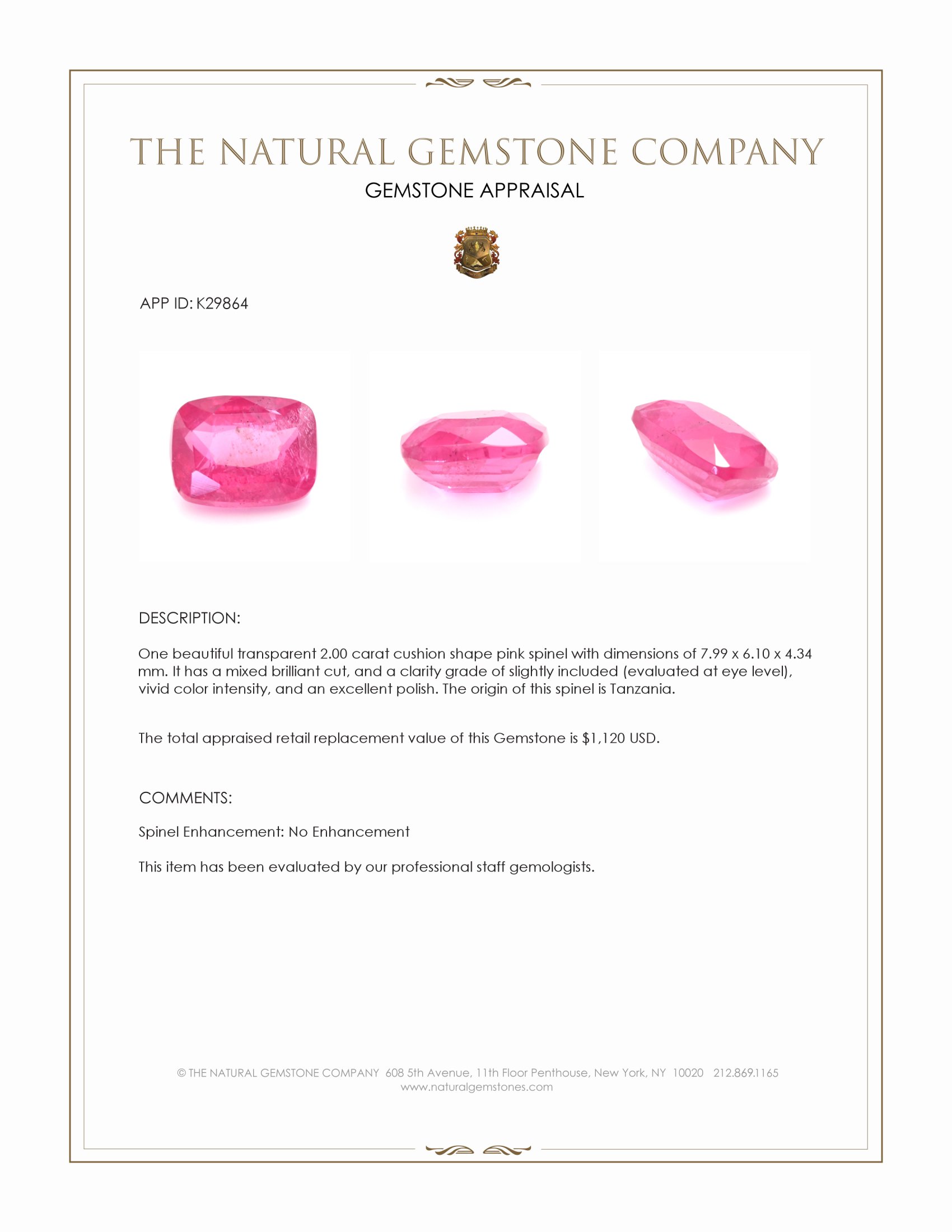 2.00 Ct. Pink Spinel from Tanzania