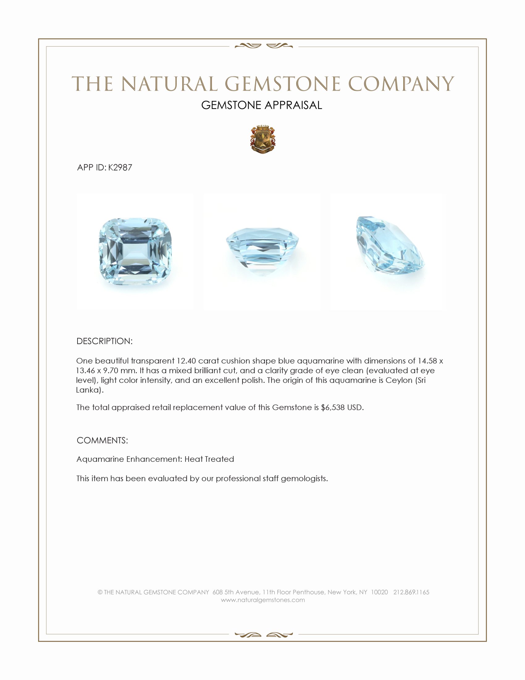 12.40 Ct. Blue Aquamarine from Ceylon (Sri Lanka)