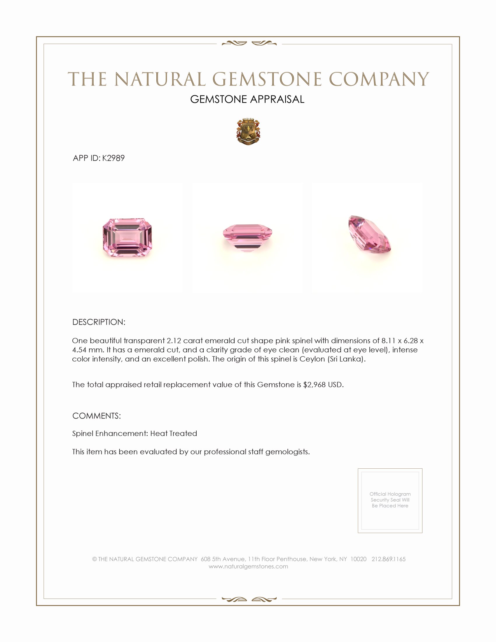 2.12 Ct. Pink Spinel from Ceylon (Sri Lanka)