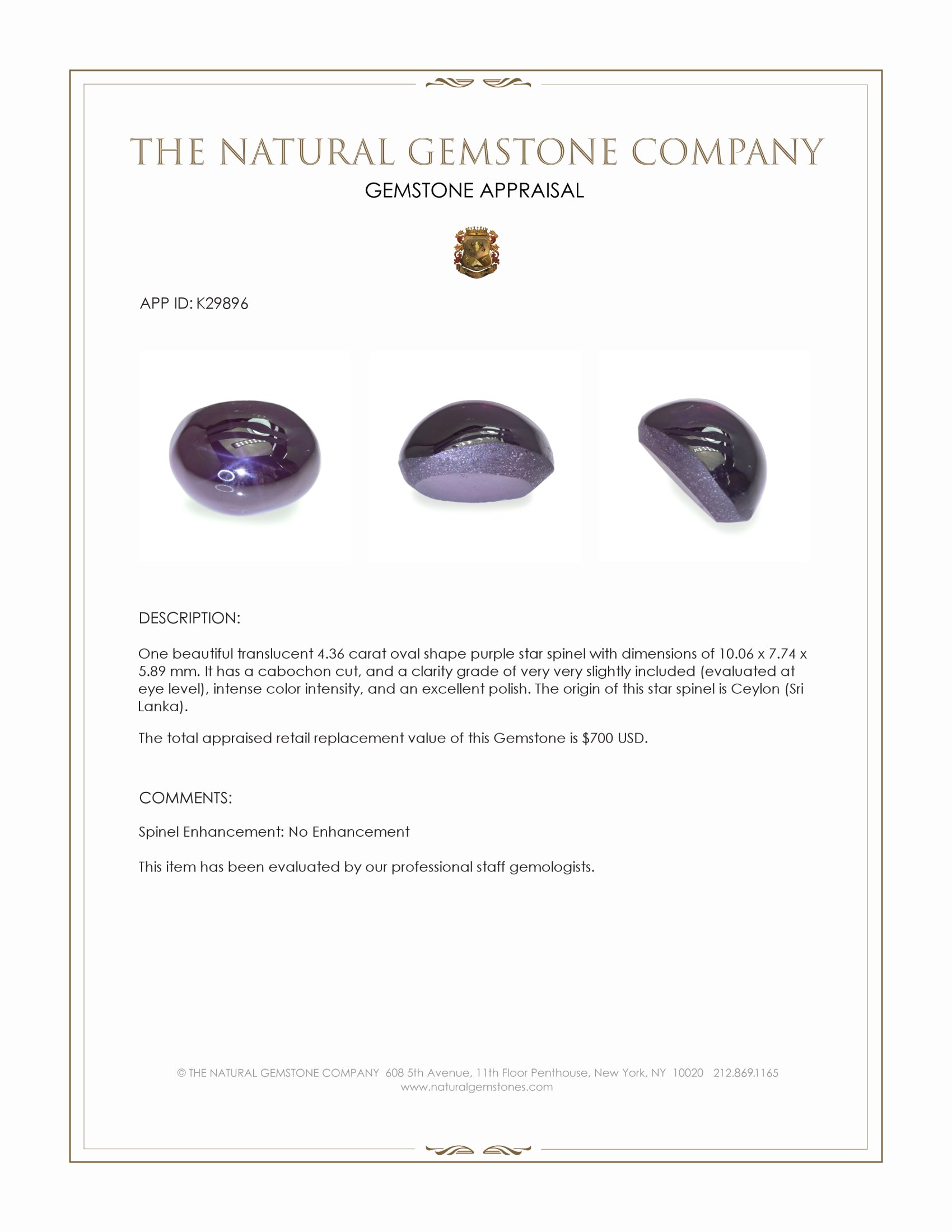 4.36 Ct. Purple Star Spinel from Ceylon (Sri Lanka)