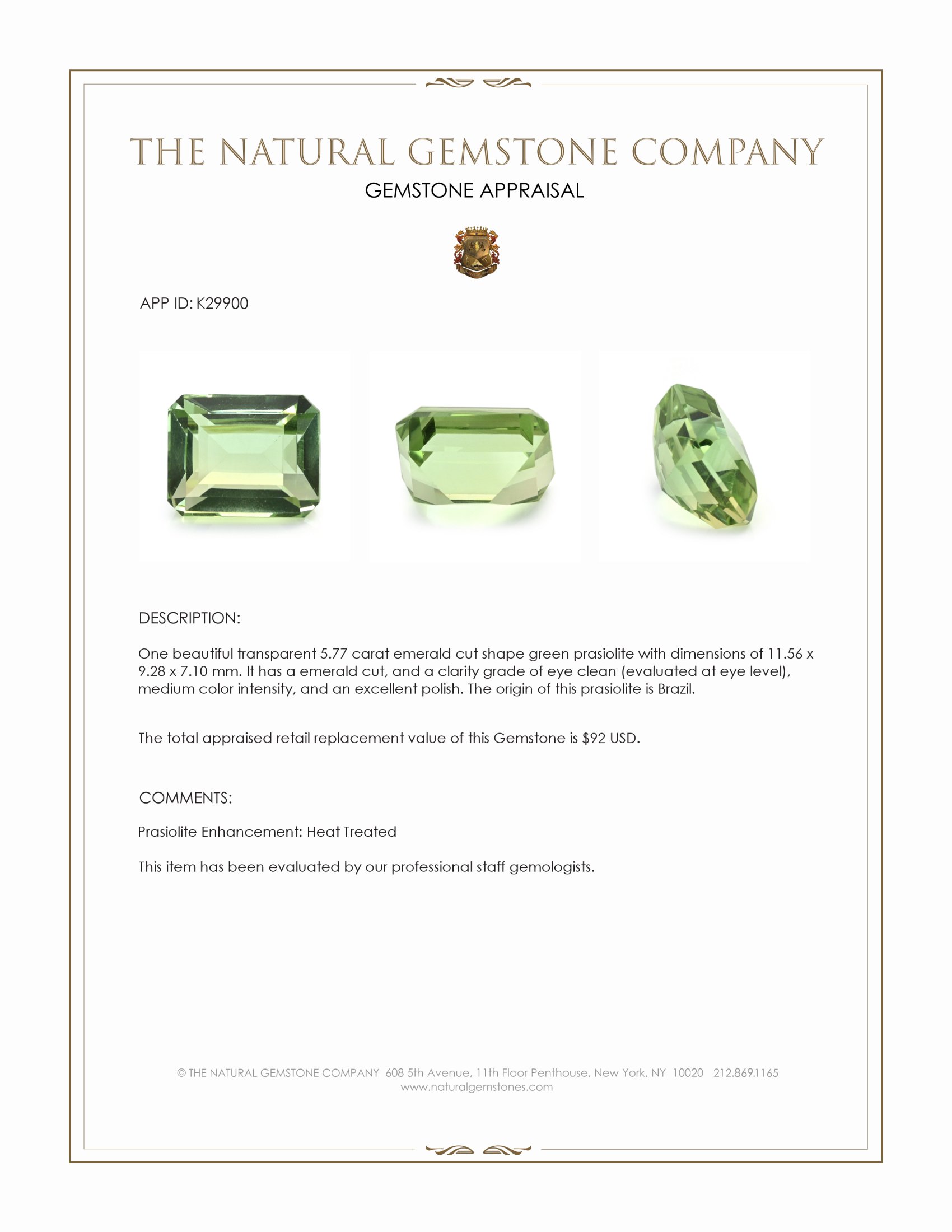 5.77 Ct. Green Prasiolite from Brazil