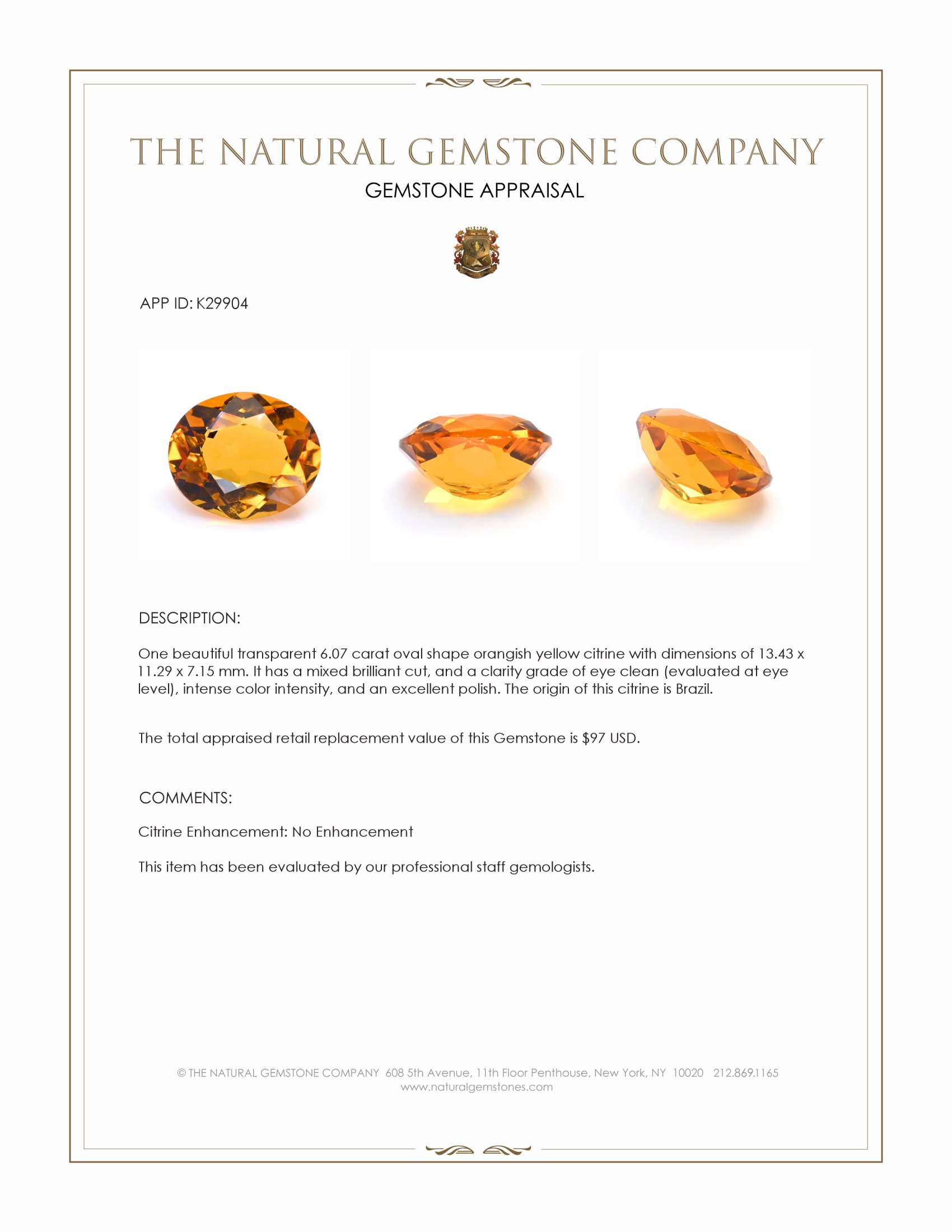6.07 Ct. Orangish Yellow Citrine from Brazil