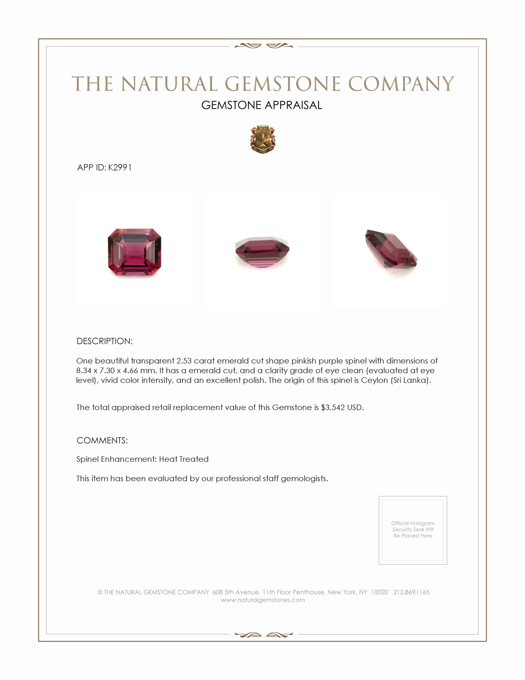 2.53 Ct. Spinel from Ceylon (Sri Lanka)
