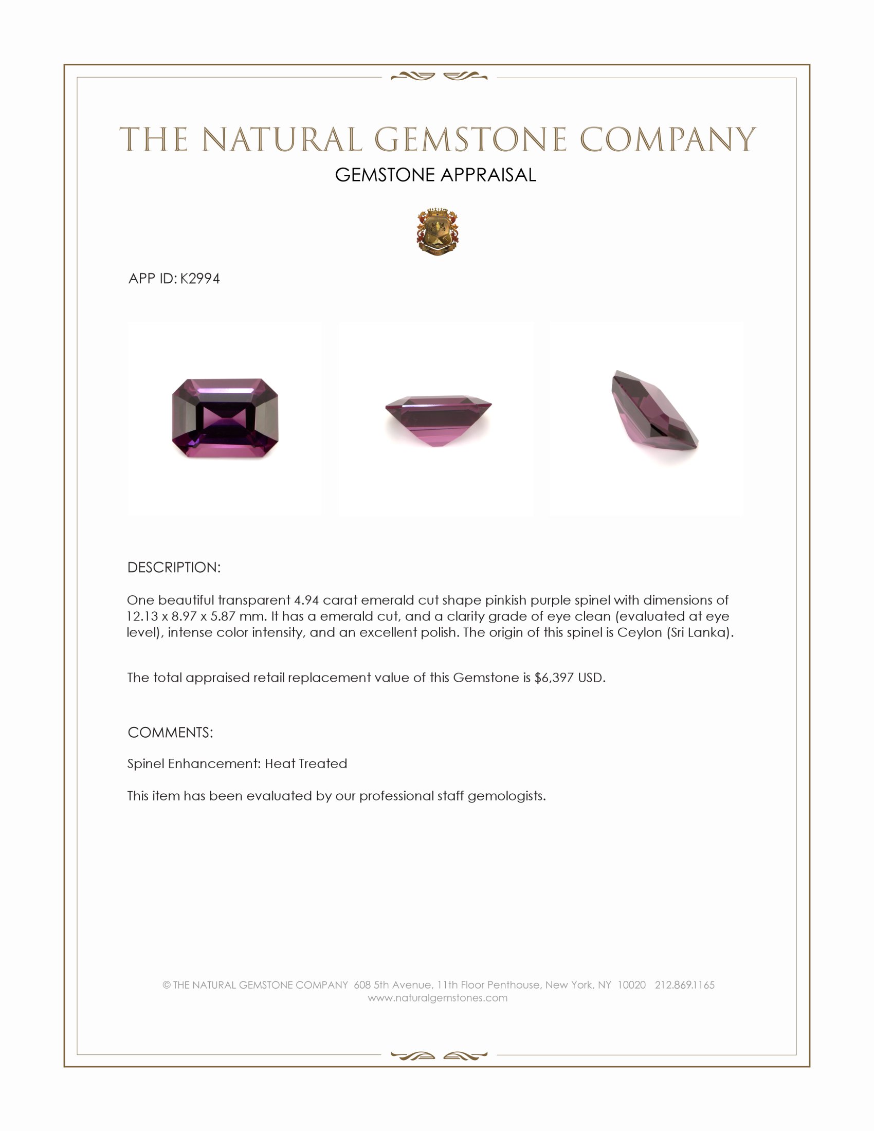 4.94 Ct. Pinkish Purple Spinel from Ceylon (Sri Lanka)