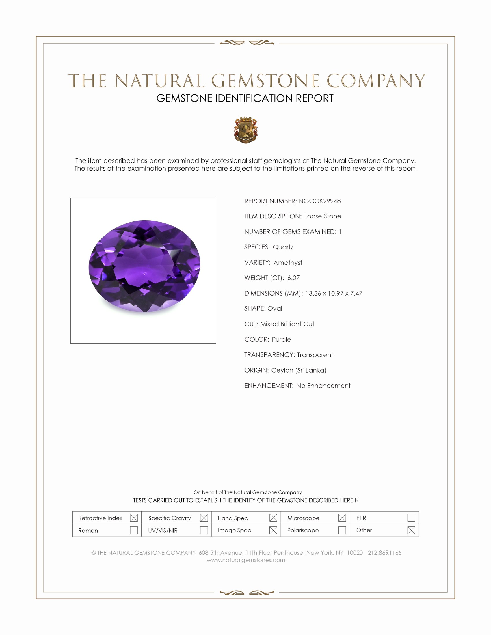 6.07 Ct. Purple Amethyst from Ceylon (Sri Lanka)
