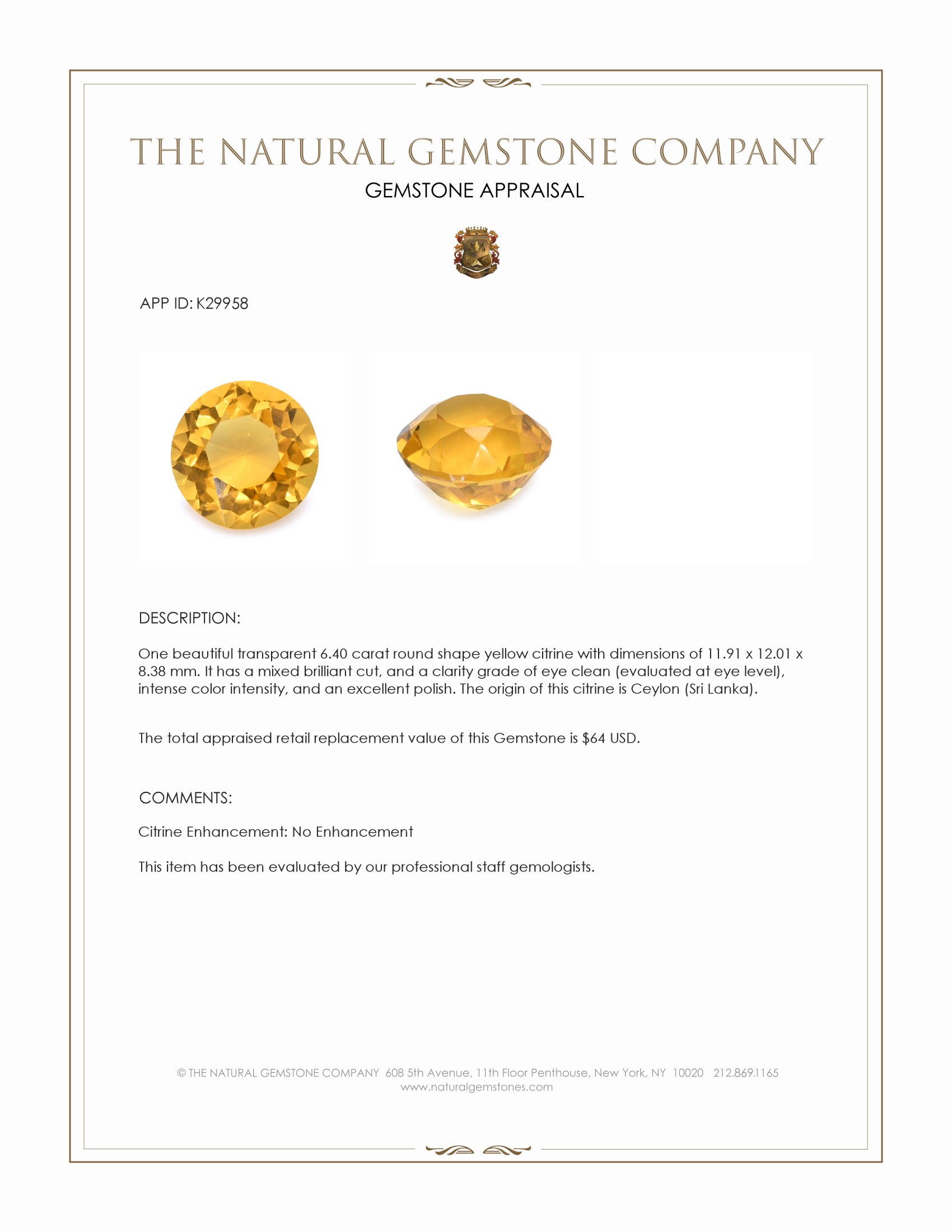 6.40 Ct. Yellow Citrine from Ceylon (Sri Lanka)