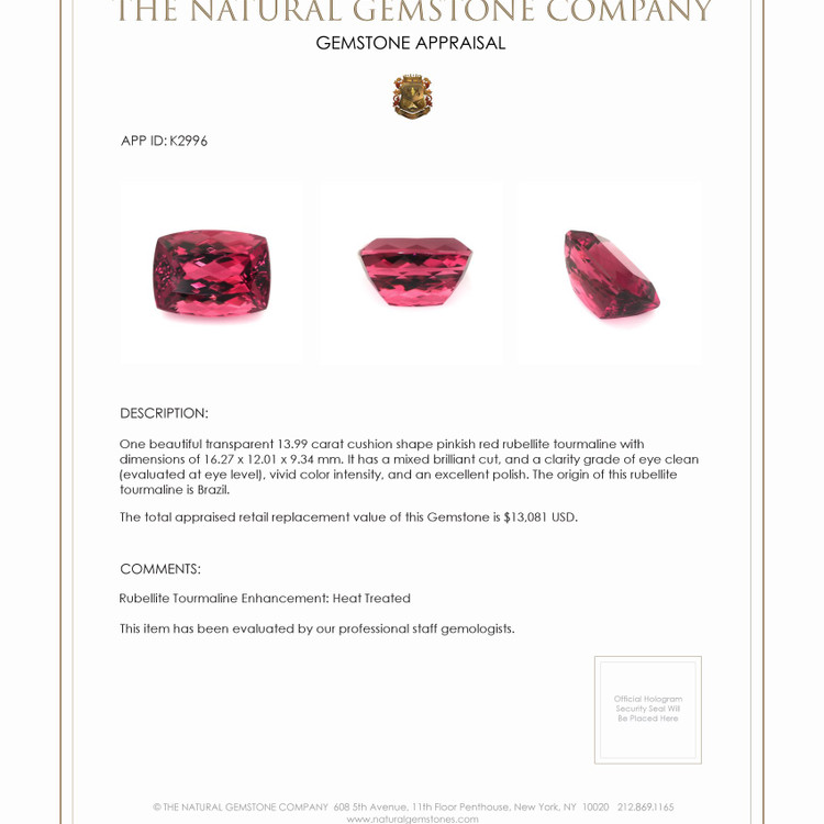 13.99 Ct. Rubellite Tourmaline from Brazil