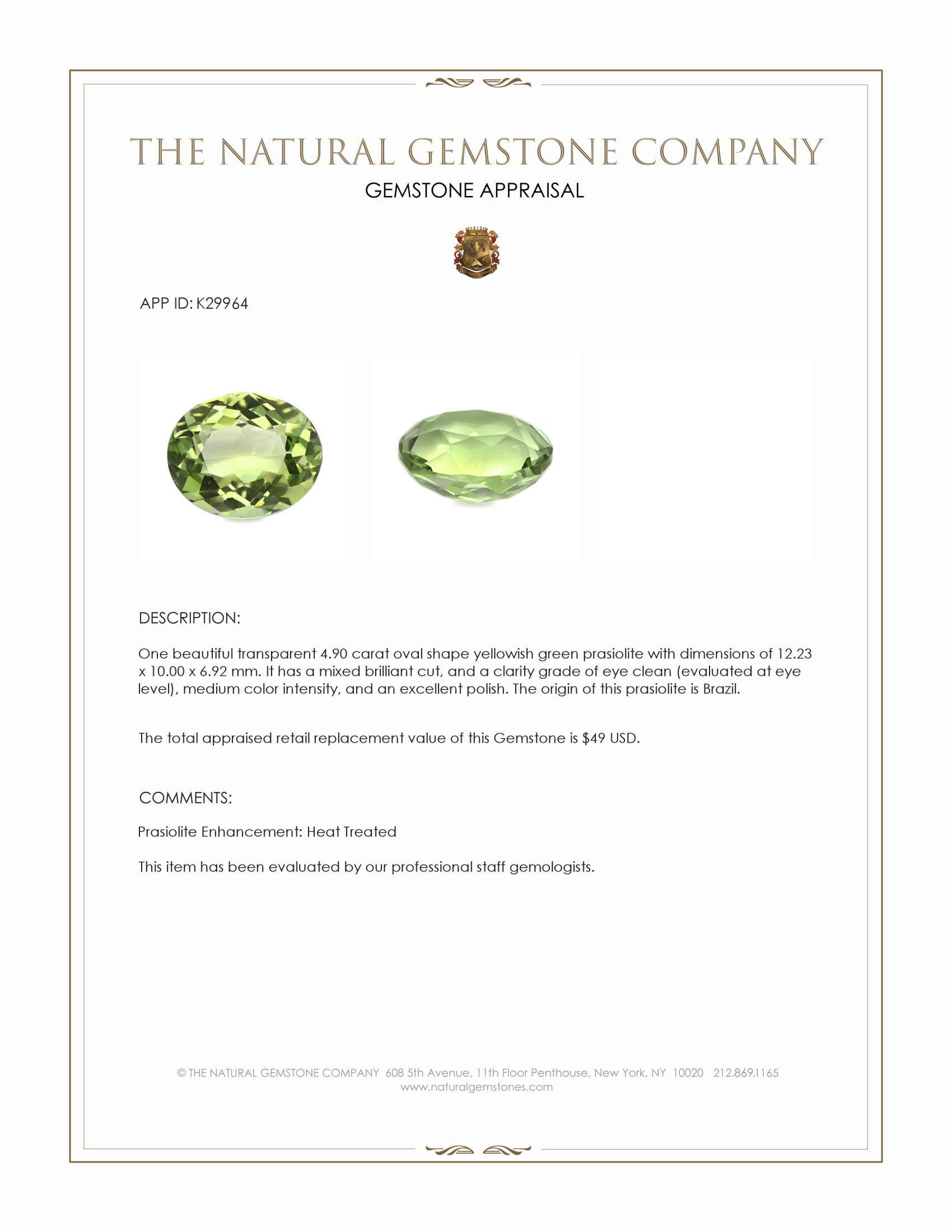 4.90 Ct. Yellowish Green Prasiolite from Brazil