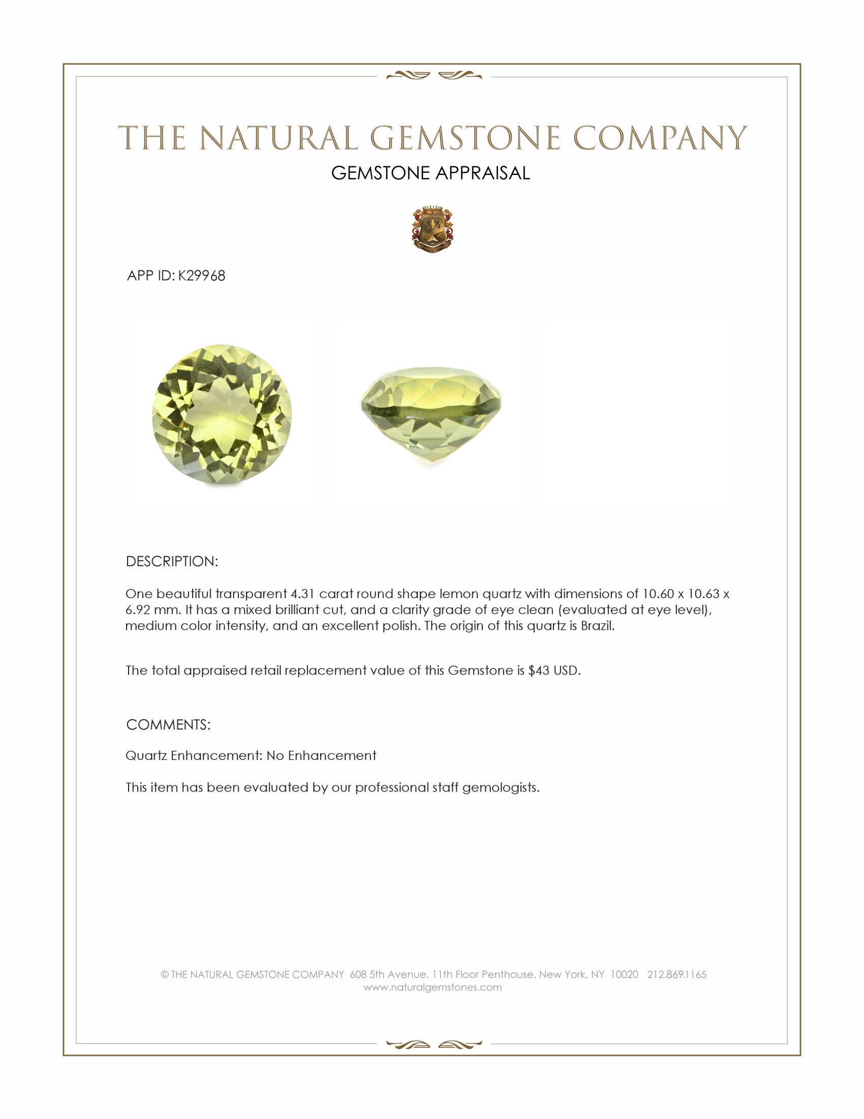 4.31 Ct. Lemon Quartz from Brazil
