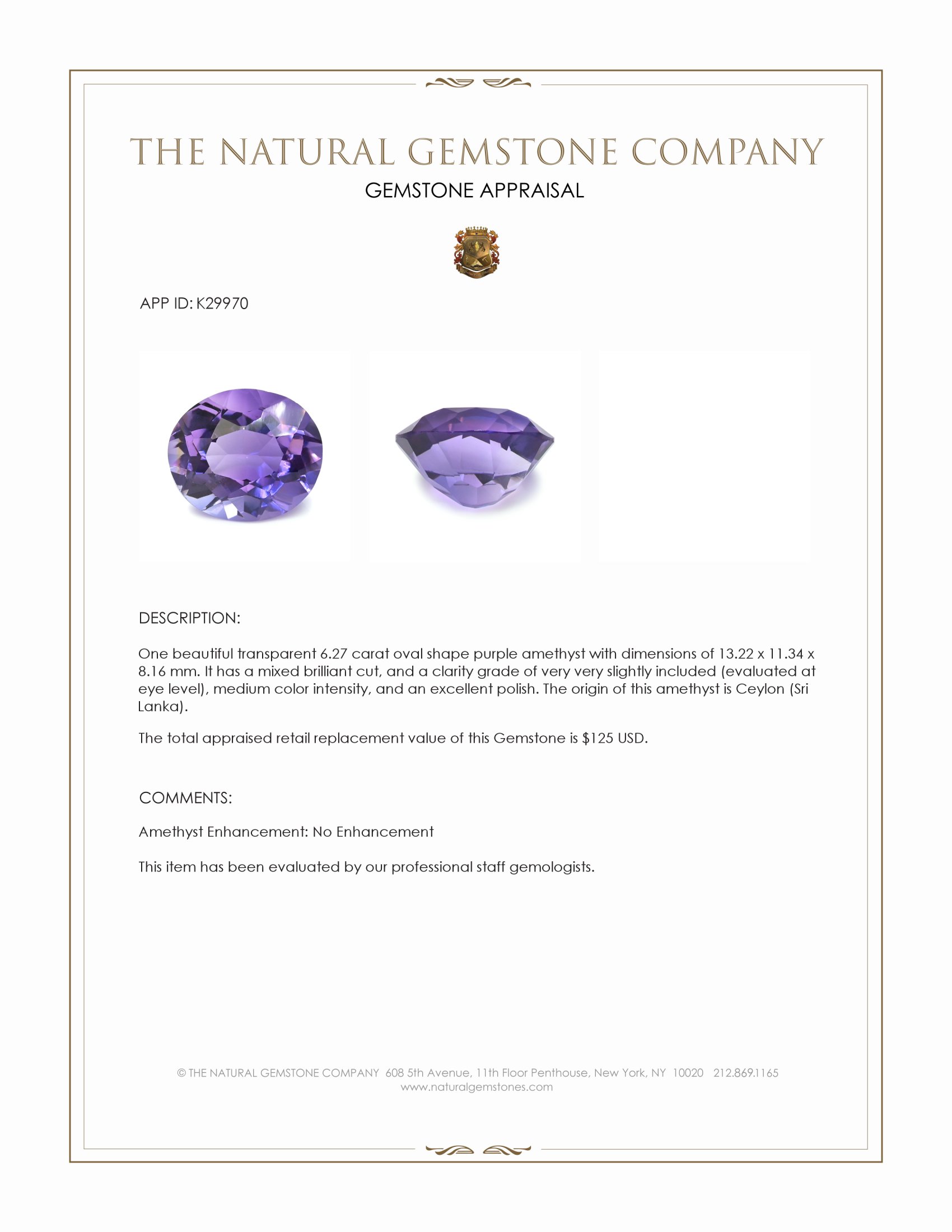 6.27 Ct. Purple Amethyst from Ceylon (Sri Lanka)