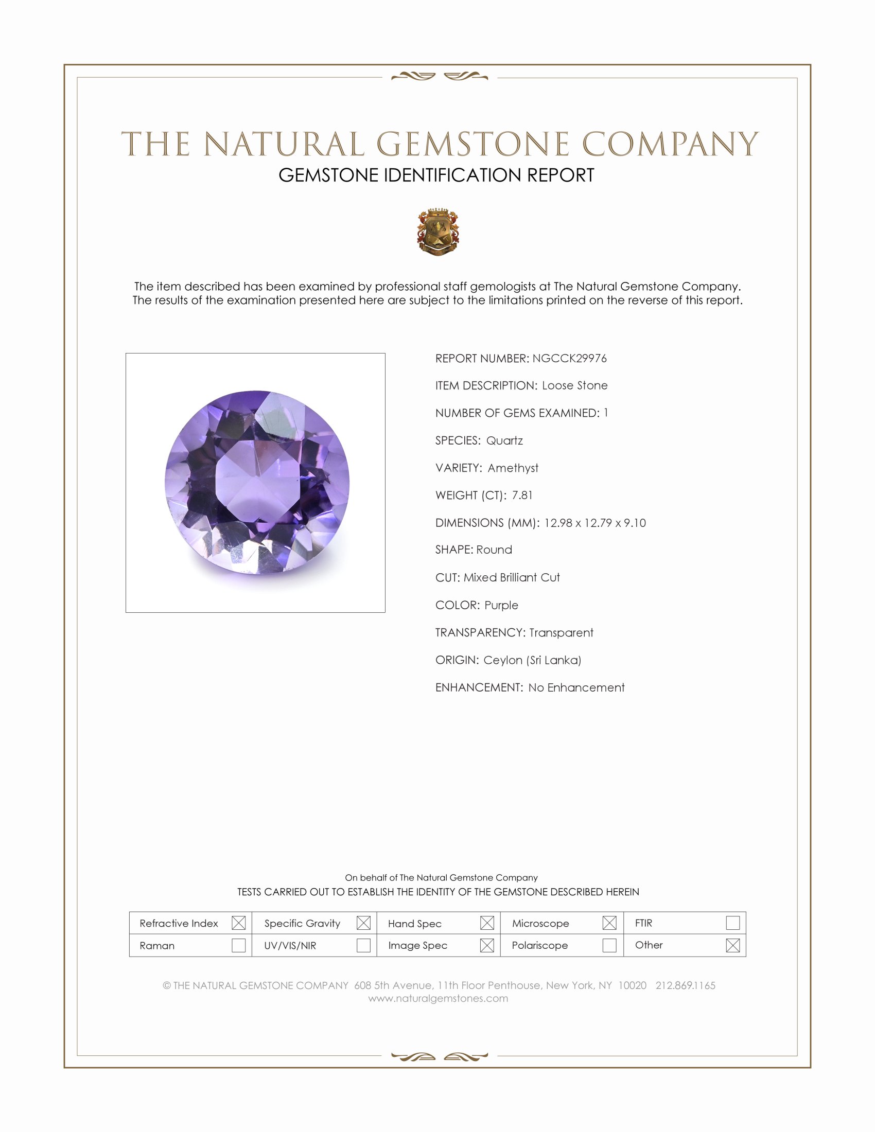 7.81 Ct. Purple Amethyst from Ceylon (Sri Lanka)