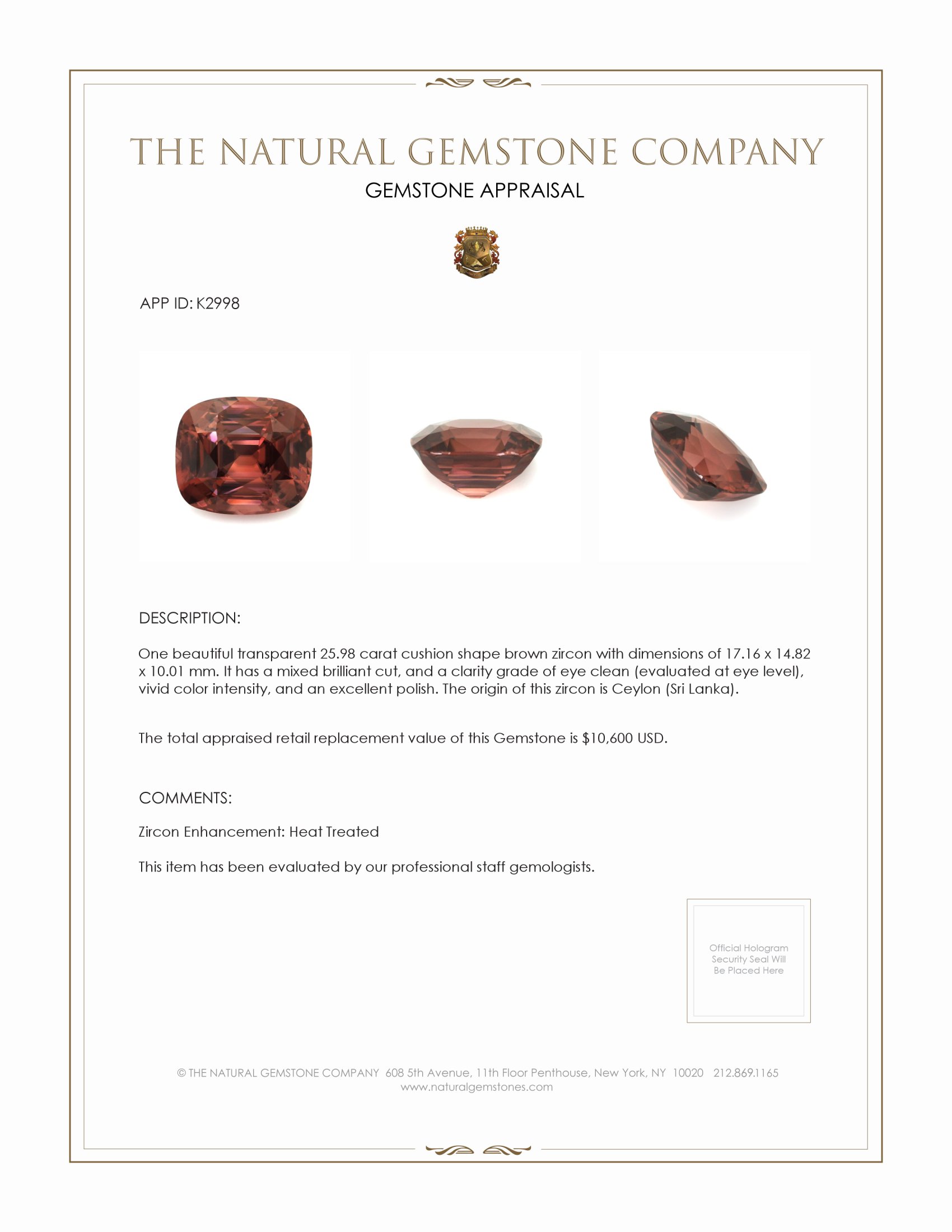 25.98 Ct. Zircon from Ceylon (Sri Lanka)