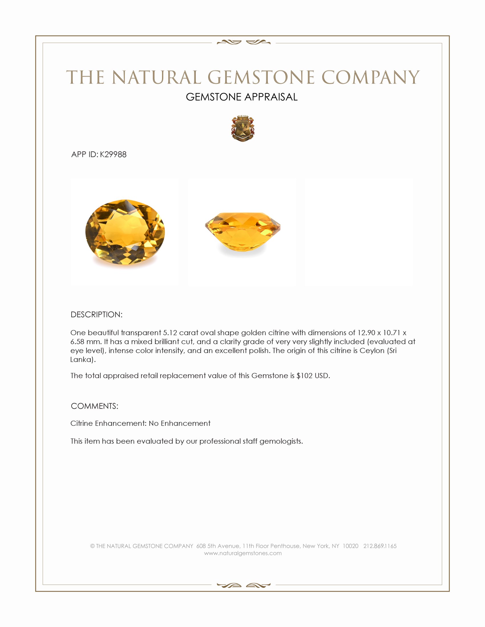 5.12 Ct. Golden Citrine from Ceylon (Sri Lanka)