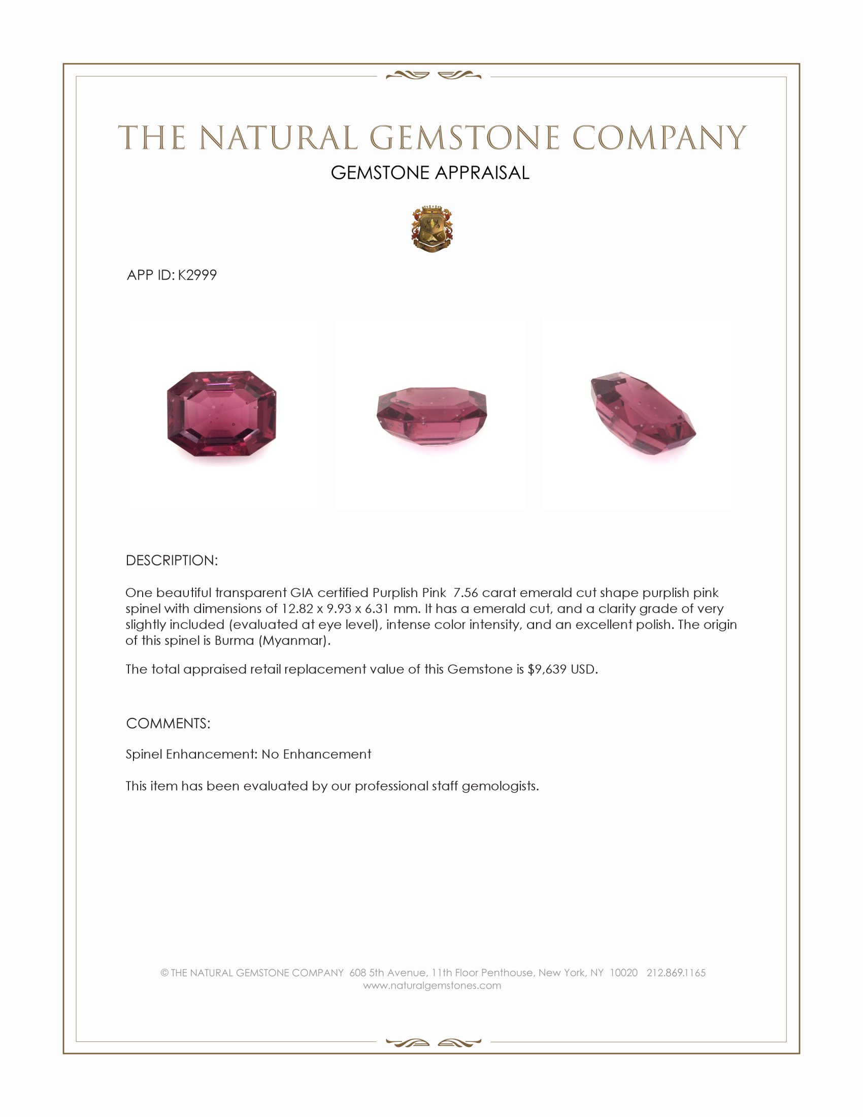 7.56 Ct. Purplish Pink Spinel from Burma (Myanmar)