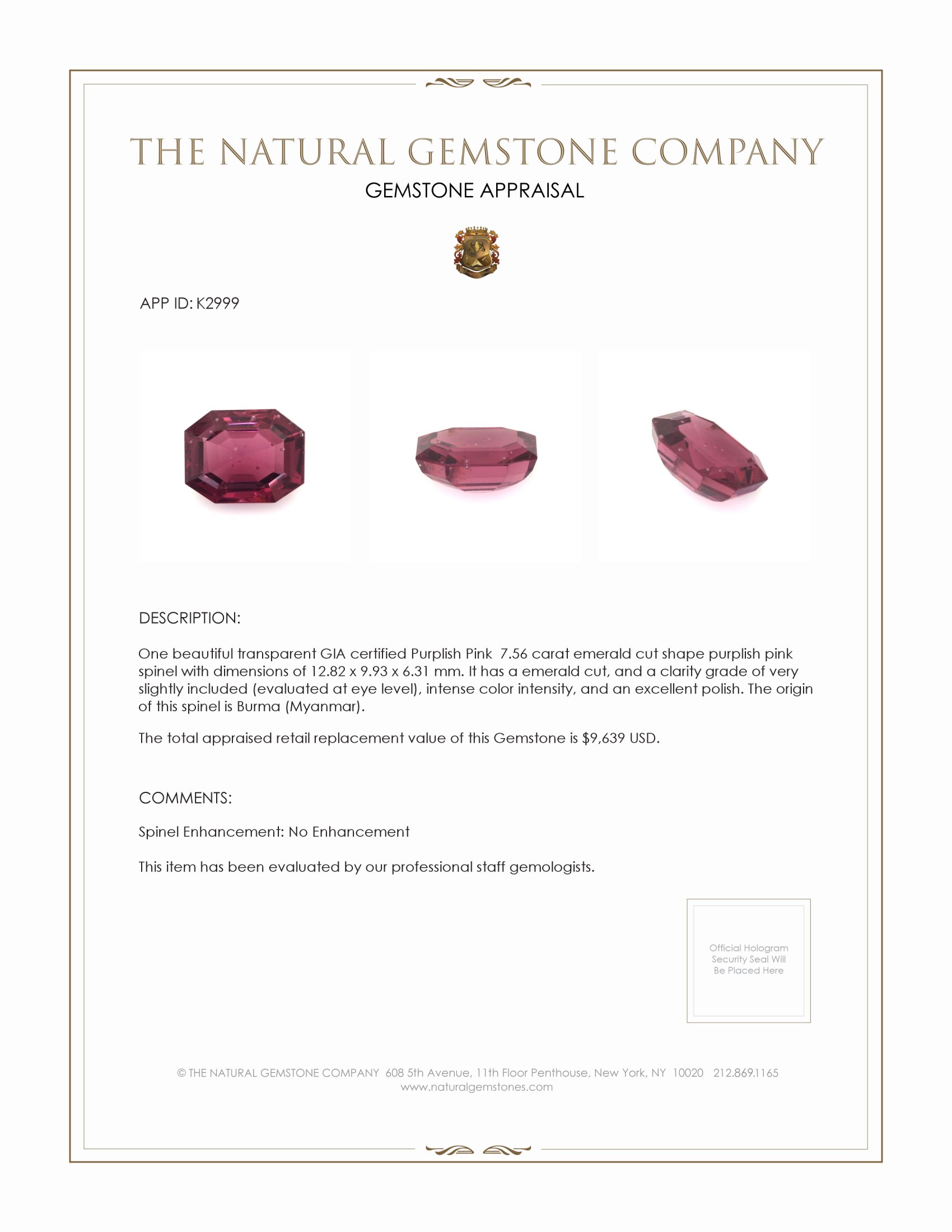 7.56 Ct. Spinel from Burma (Myanmar)