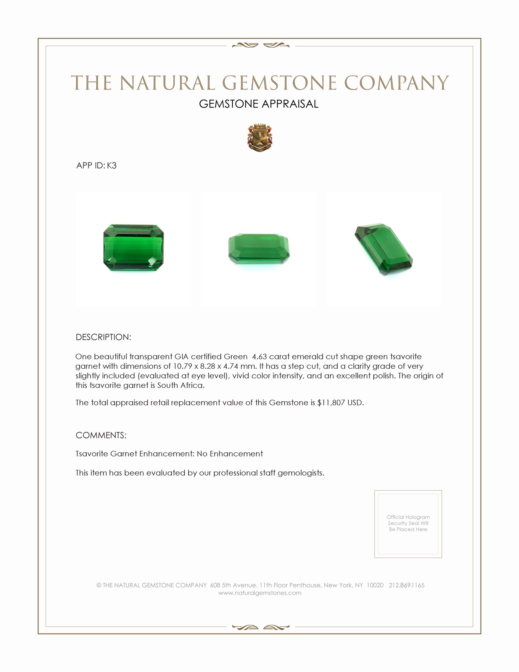 4.63 Ct. Tsavorite Garnet from South Africa