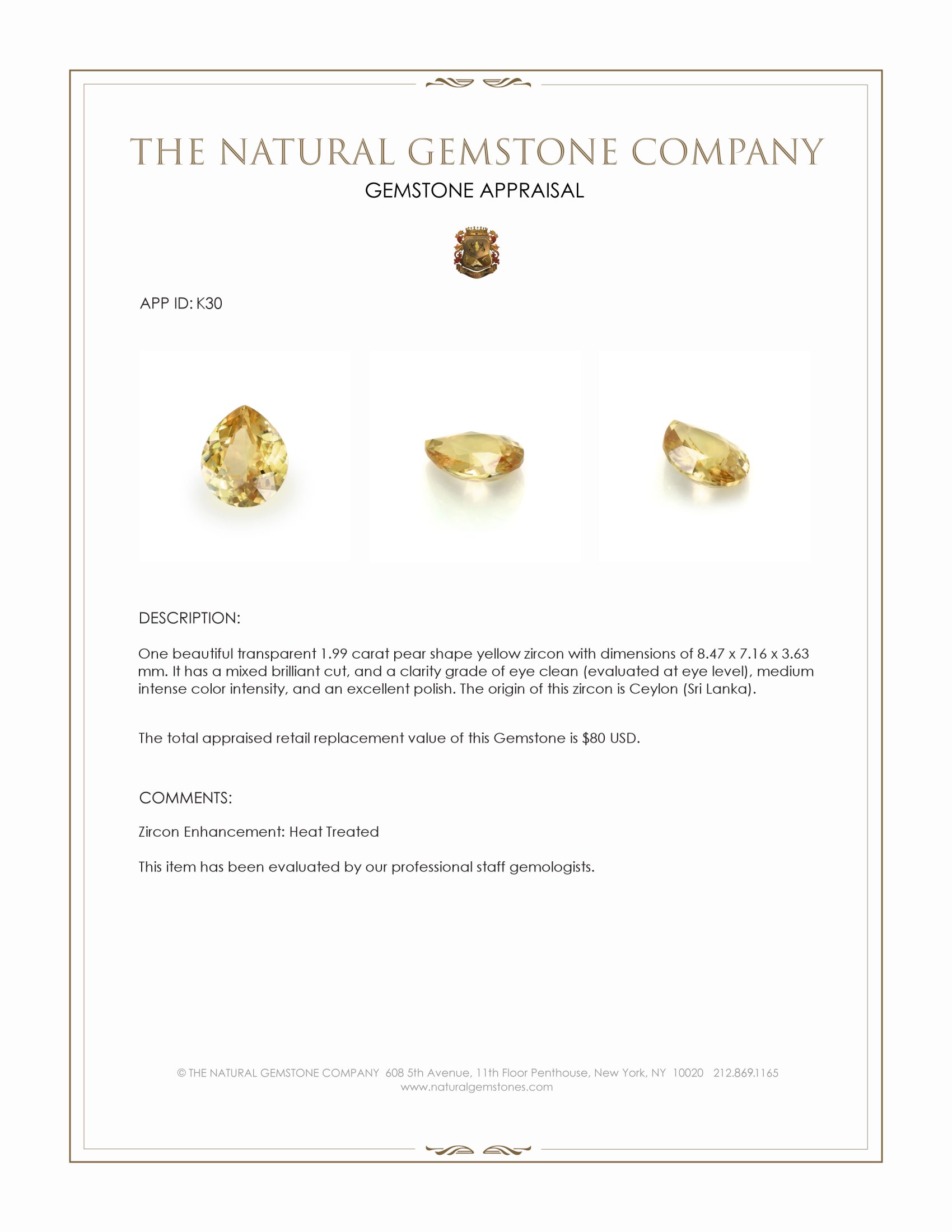 1.99 Ct. Yellow Zircon from Ceylon (Sri Lanka)