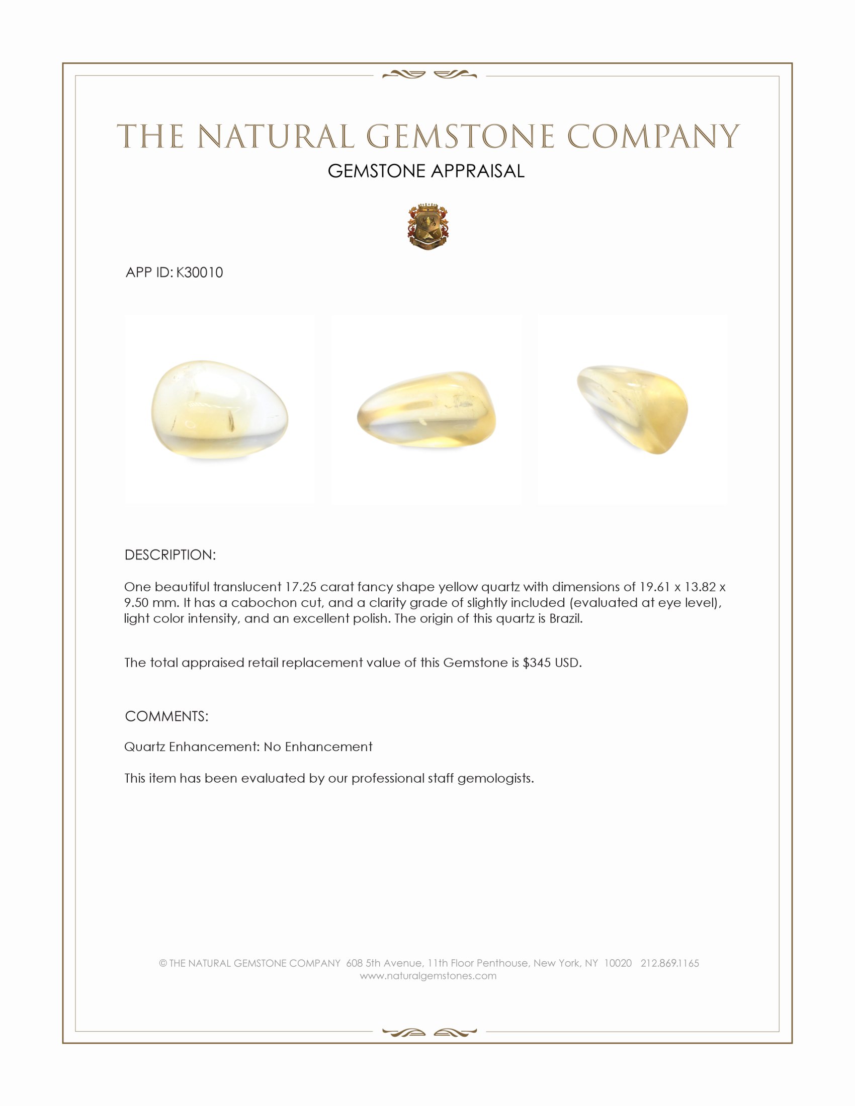 17.25 Ct. Yellow Cabochon Quartz from Brazil