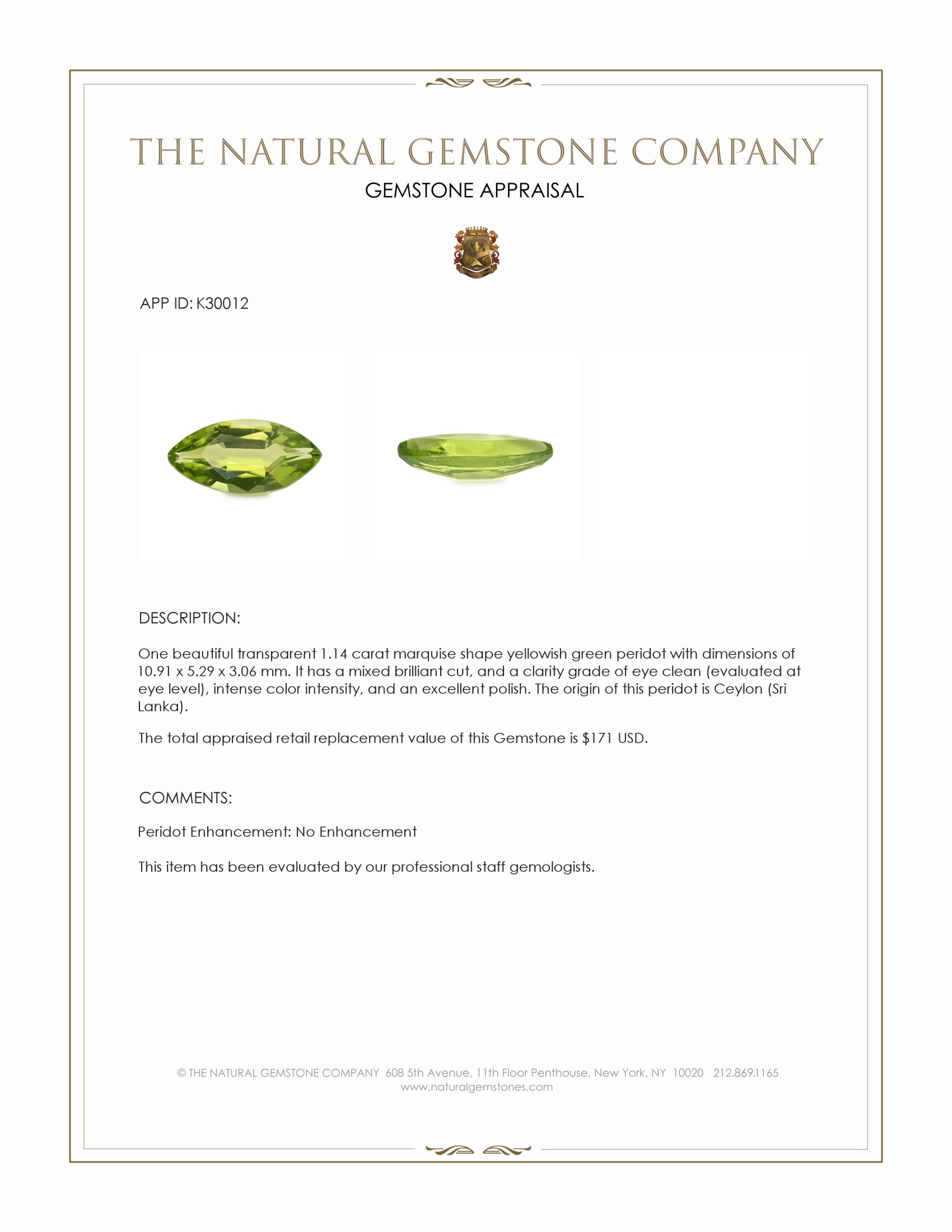 1.14 Ct. Yellowish Green Peridot from Ceylon (Sri Lanka)