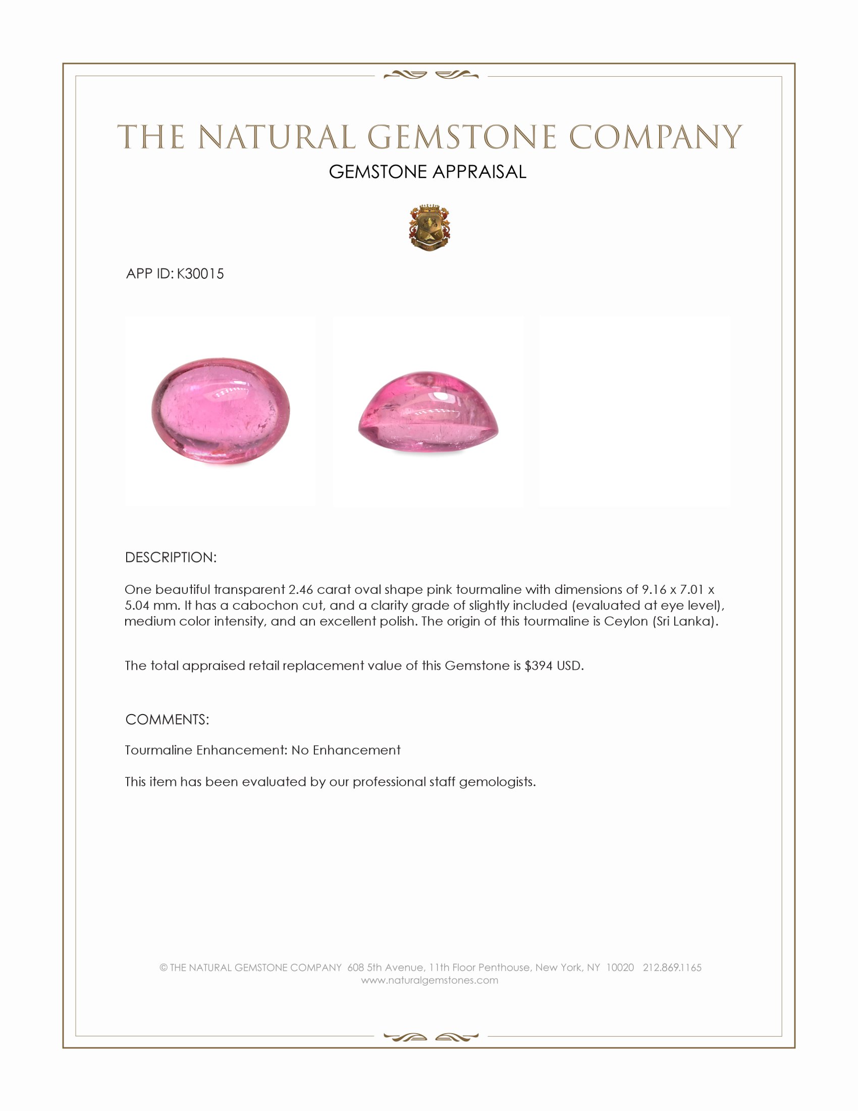 2.46 Ct. Pink Cabochon Tourmaline from Ceylon (Sri Lanka)