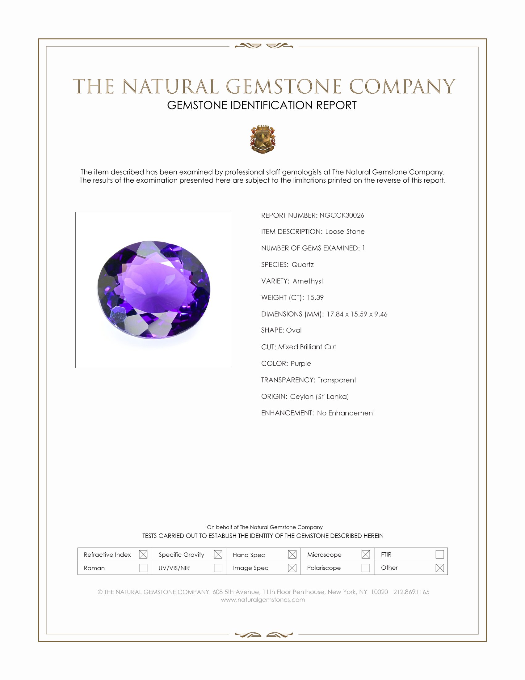 15.39 Ct. Purple Amethyst from Ceylon (Sri Lanka)