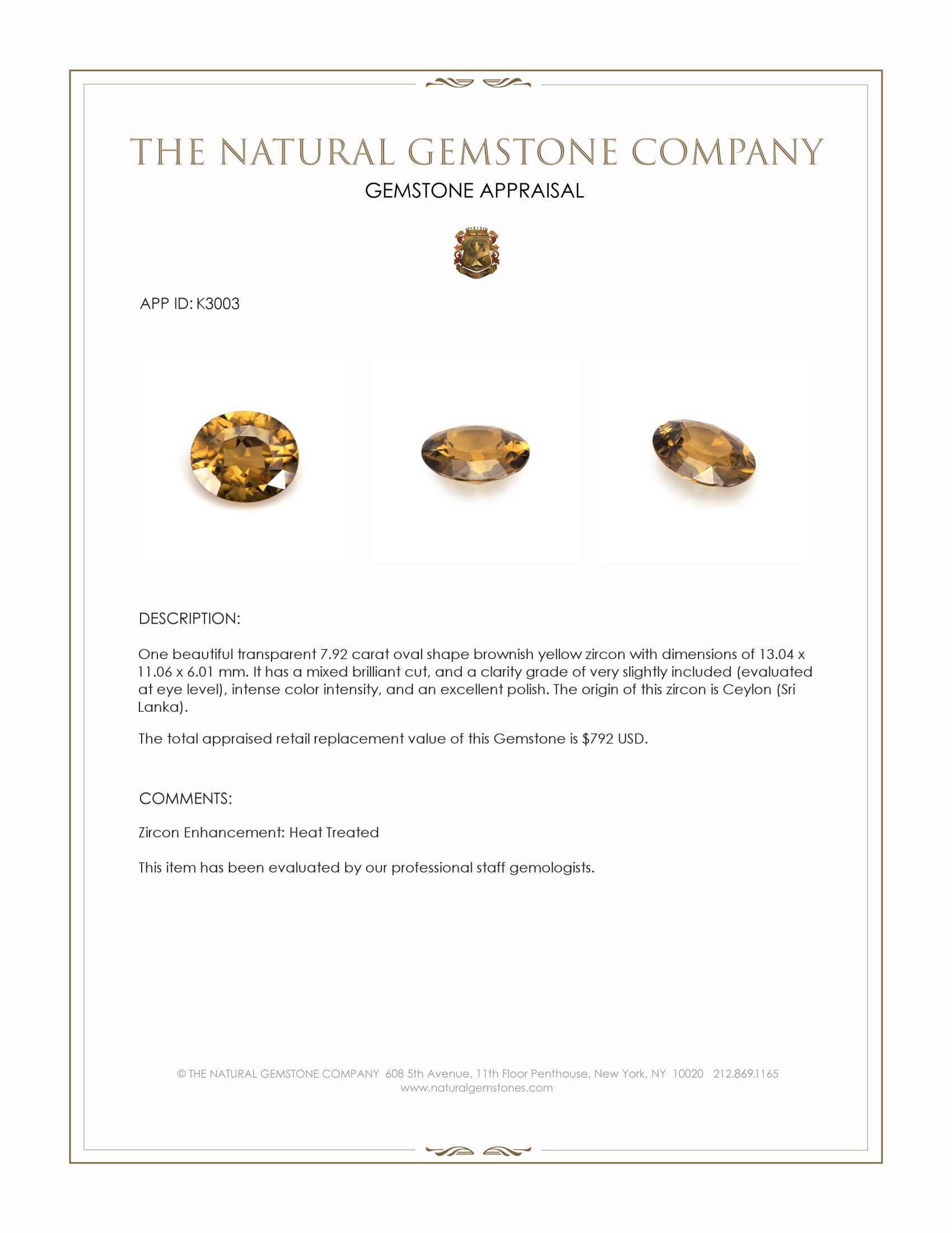 7.92 Ct. Brownish Yellow Zircon from Ceylon (Sri Lanka)