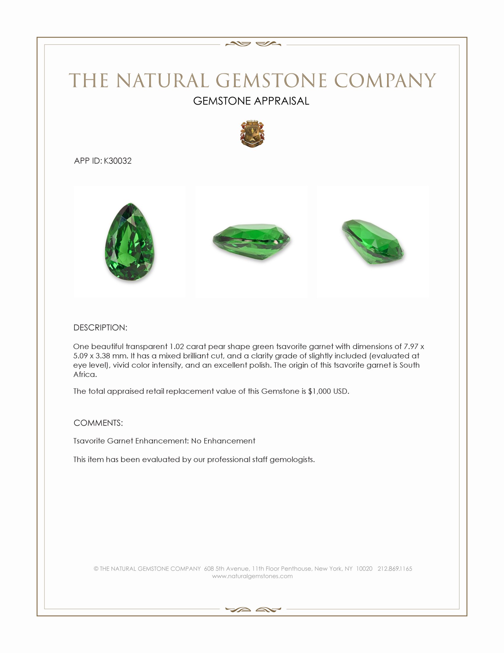 1.02 Ct. Tsavorite Garnet from South Africa