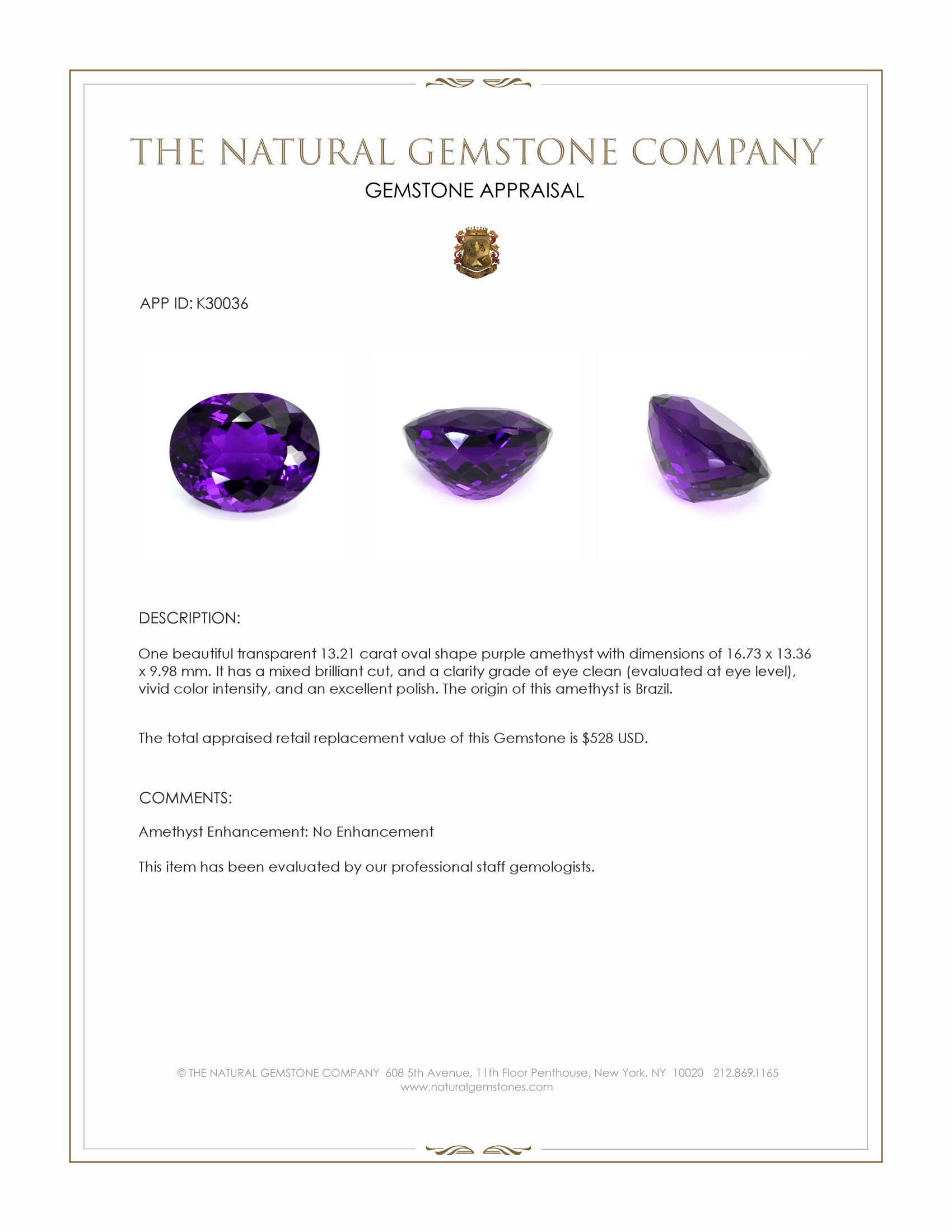 13.21 Ct. Purple Amethyst from Brazil