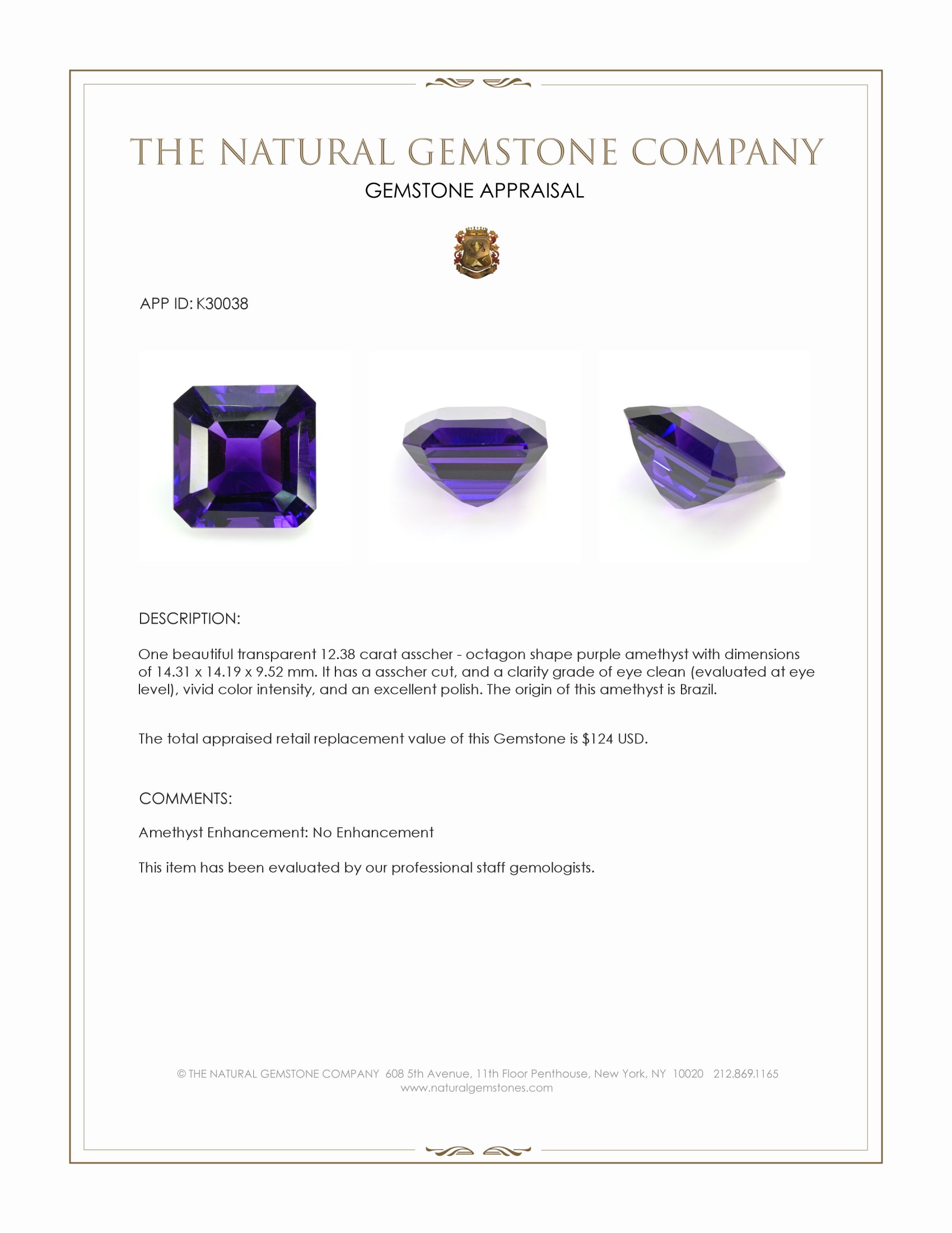 12.38 Ct. Purple Amethyst from Brazil