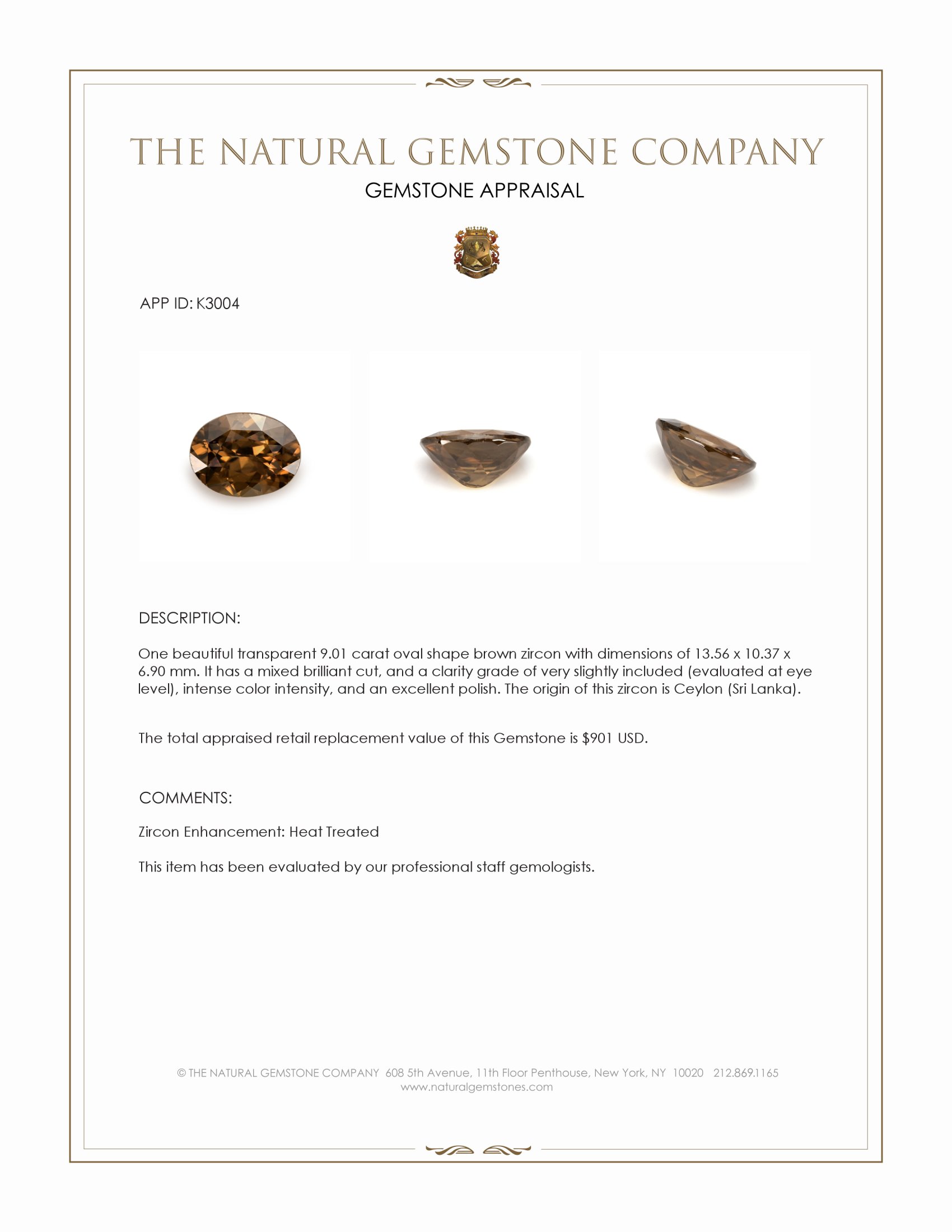 9.01 Ct. Brown Zircon from Ceylon (Sri Lanka)