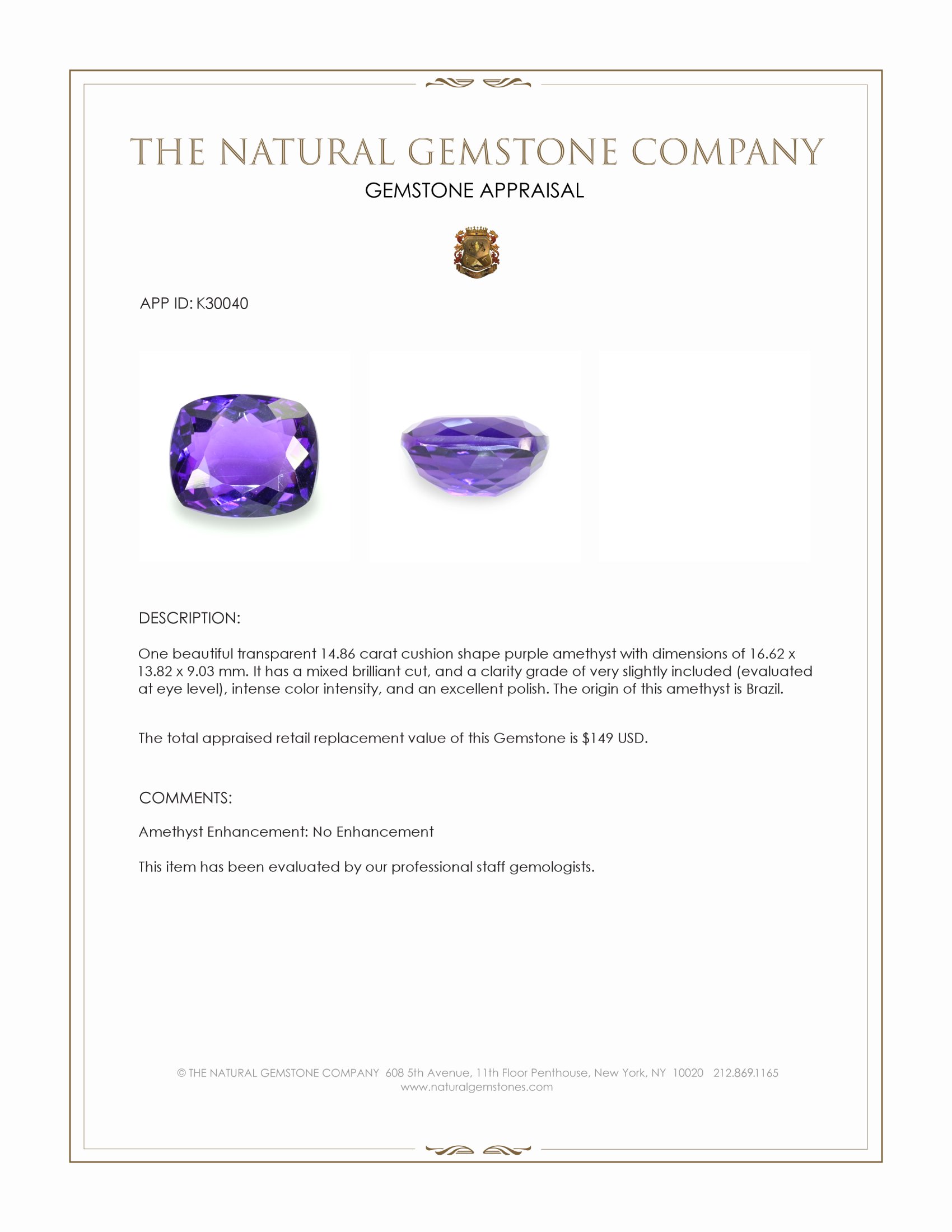 14.86 Ct. Purple Amethyst from Brazil