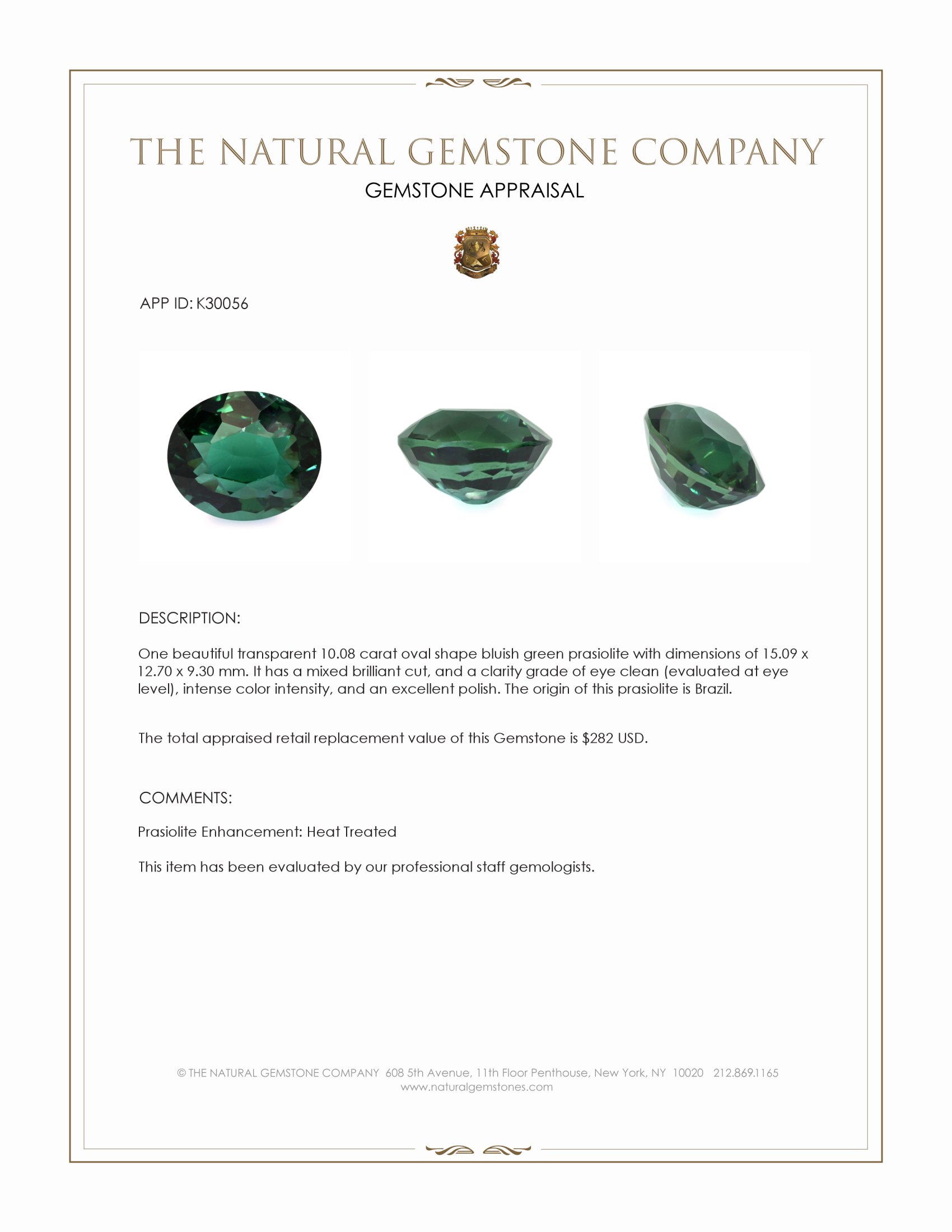 10.08 Ct. Bluish Green Prasiolite from Brazil
