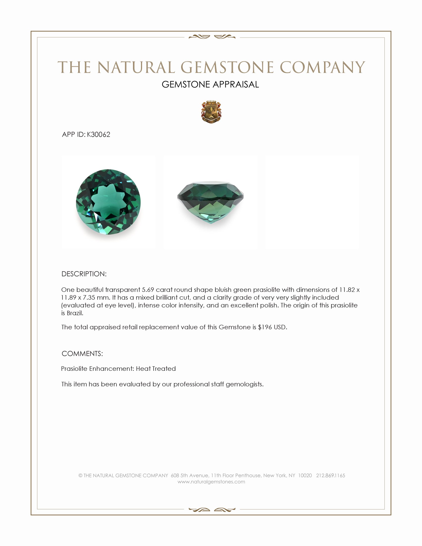 5.69 Ct. Bluish Green Prasiolite from Brazil